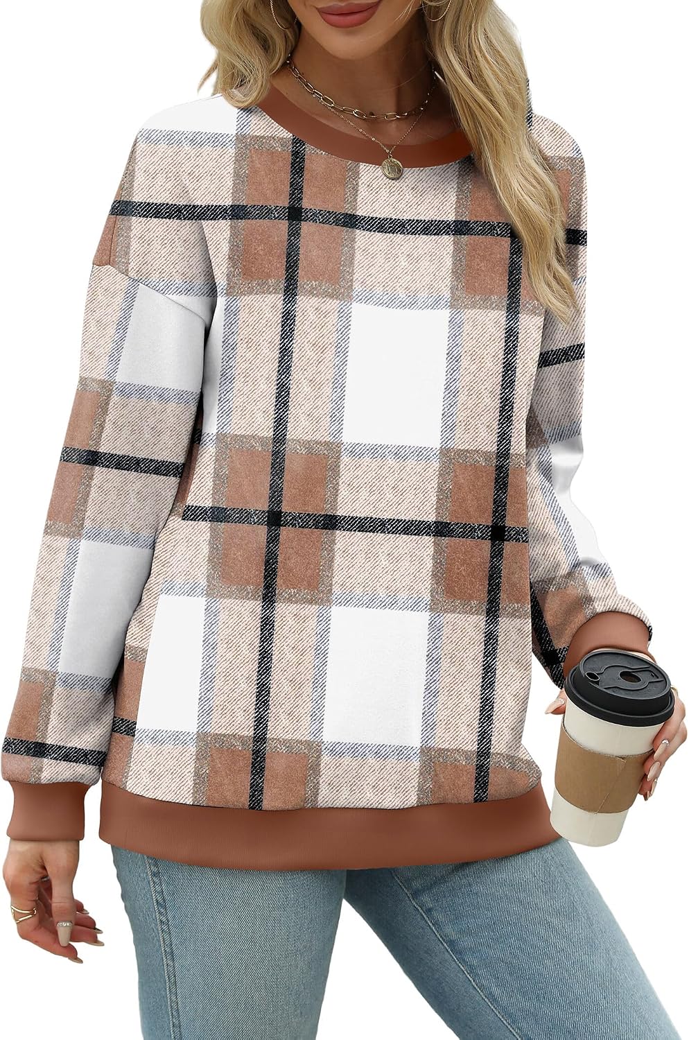 Thumbnail 2 de Saloogoe Women's Color-Block Crewneck Sweatshirt, Loose-Fit Long Sleeve