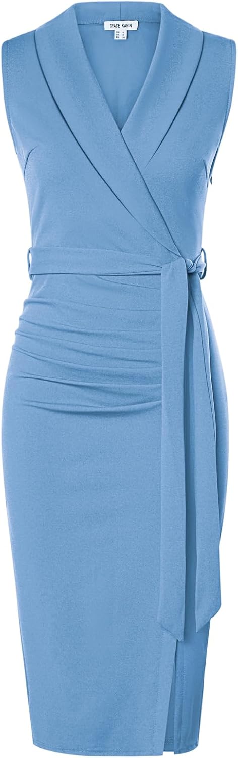 Thumbnail 4 de Robe fourreau GRACE KARIN sans manches – col châle, ceinture amovible, longueur mi-mollet