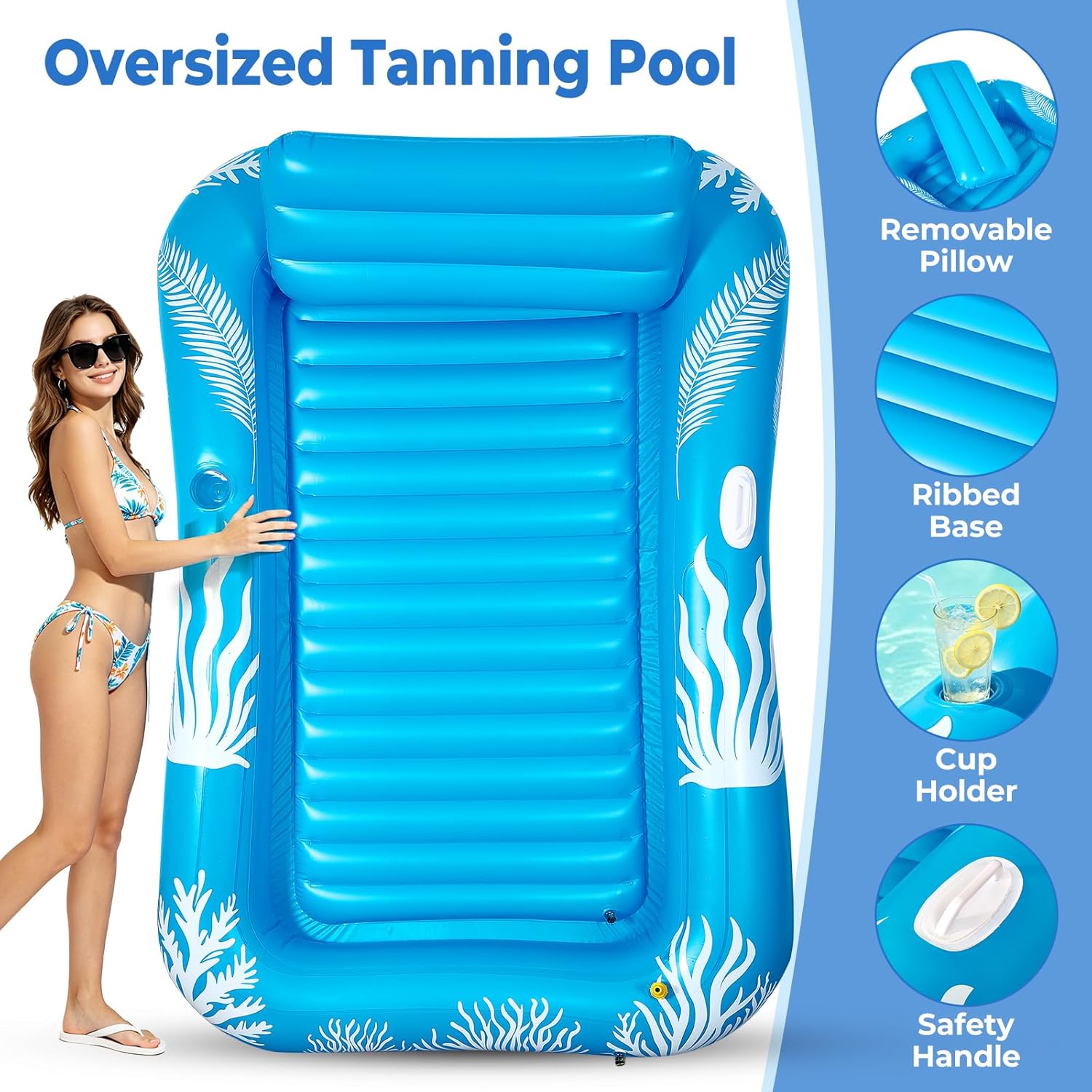 Detalle 2 de Inflatable Tanning Pool Lounger Float with Sprinkler — 6-in-1 Suntan Tub Raft for Adults (71" x 47.3"), Drink Holder & Pillow