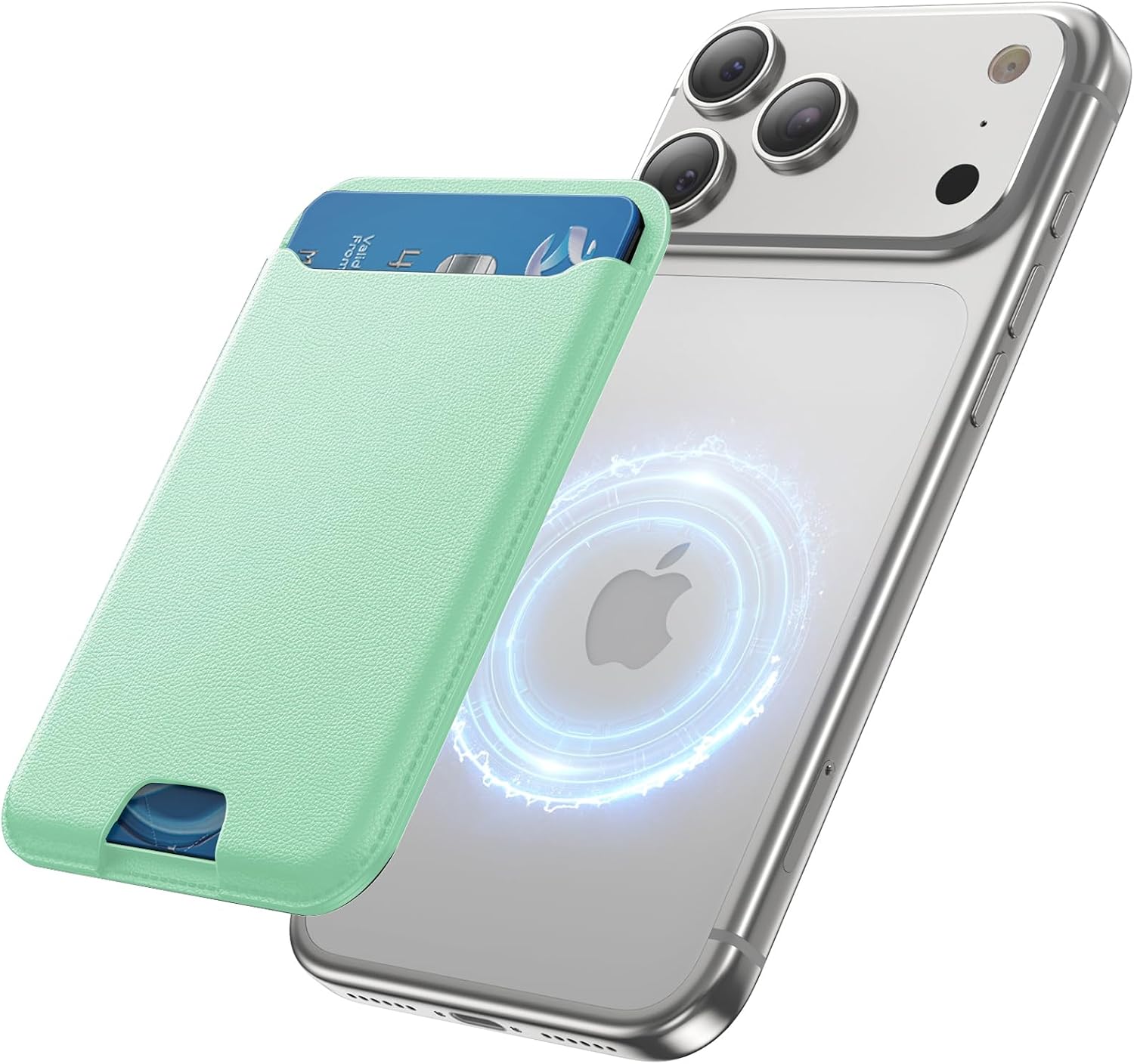 Detalle de TWZKG MagSafe Wallet (3-Card Holder) Slim Magnetic Phone Wallet for iPhone Pro/Plus — Light Green, RFID Blocking Vegan Leather