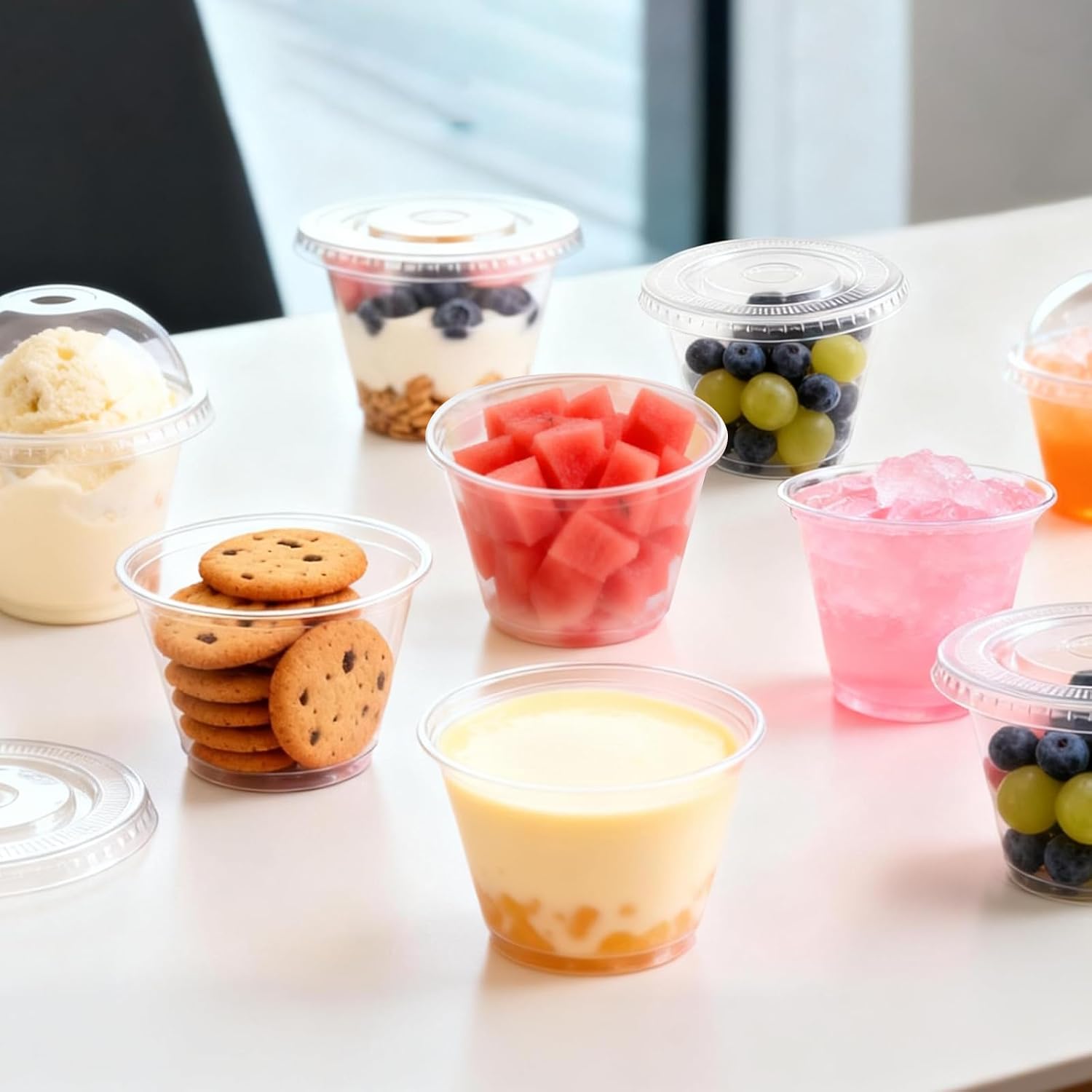 Thumbnail 5 de Lamosi 9 oz Clear Plastic Cups with Lids (50 Pack) – Flat, No-Hole Lid for Spill-Proof To-Go Treats