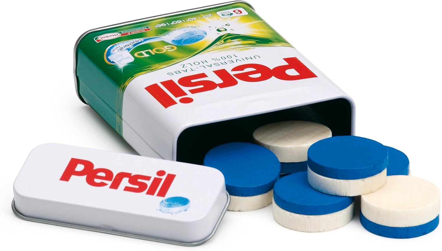 Detalle 2 de Fausses tablettes de lessive en bois Persil – Erzi (6 pièces) pour jeu de marchande, boîte métallique
