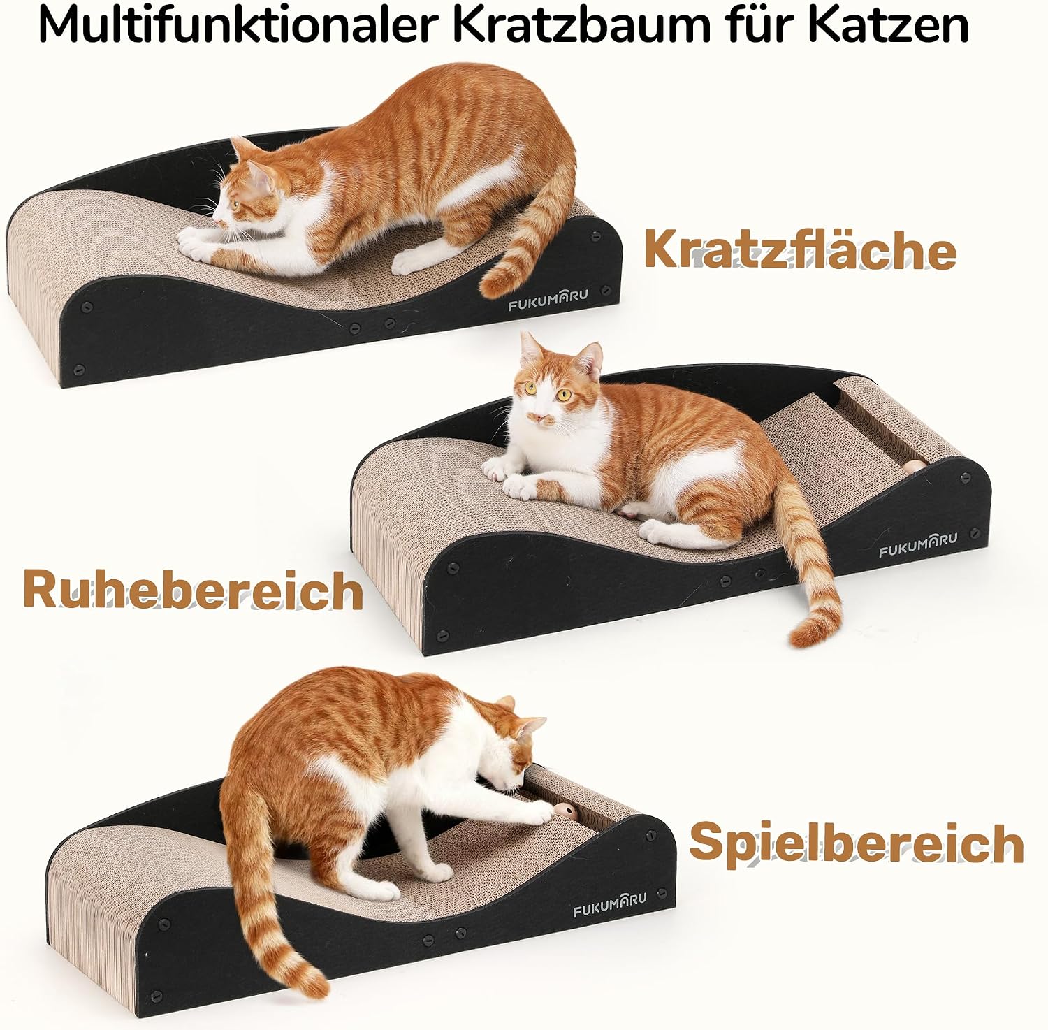 Detalle 2 de FUKUMARU Kratzbrett für Katzen (74 cm) mit Filz und Ball – Kratzpappe aus Wellpappe, schwarz