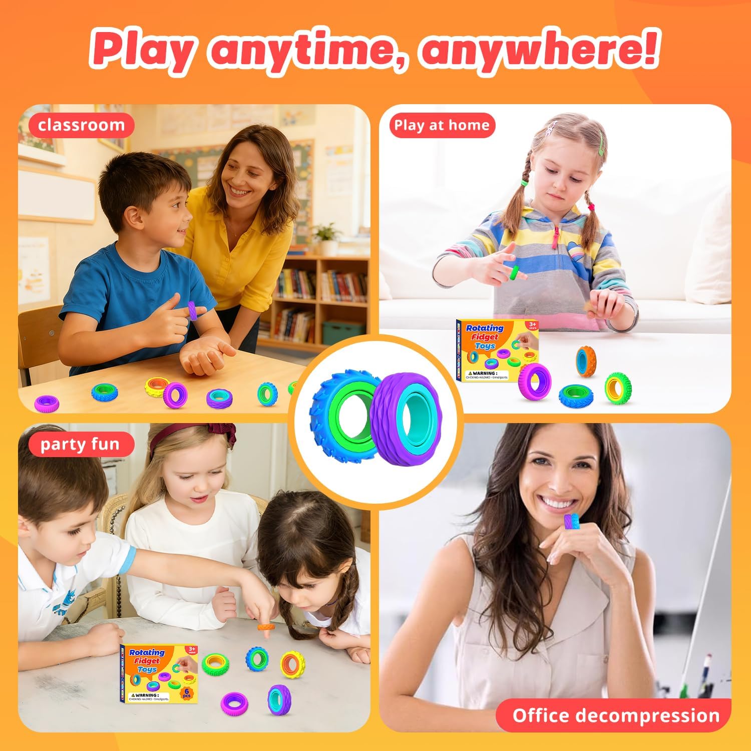 Detalle 2 de Ueyake Sensory Fidget Rings, 6-Pack Silicone Spinner Rings for Kids