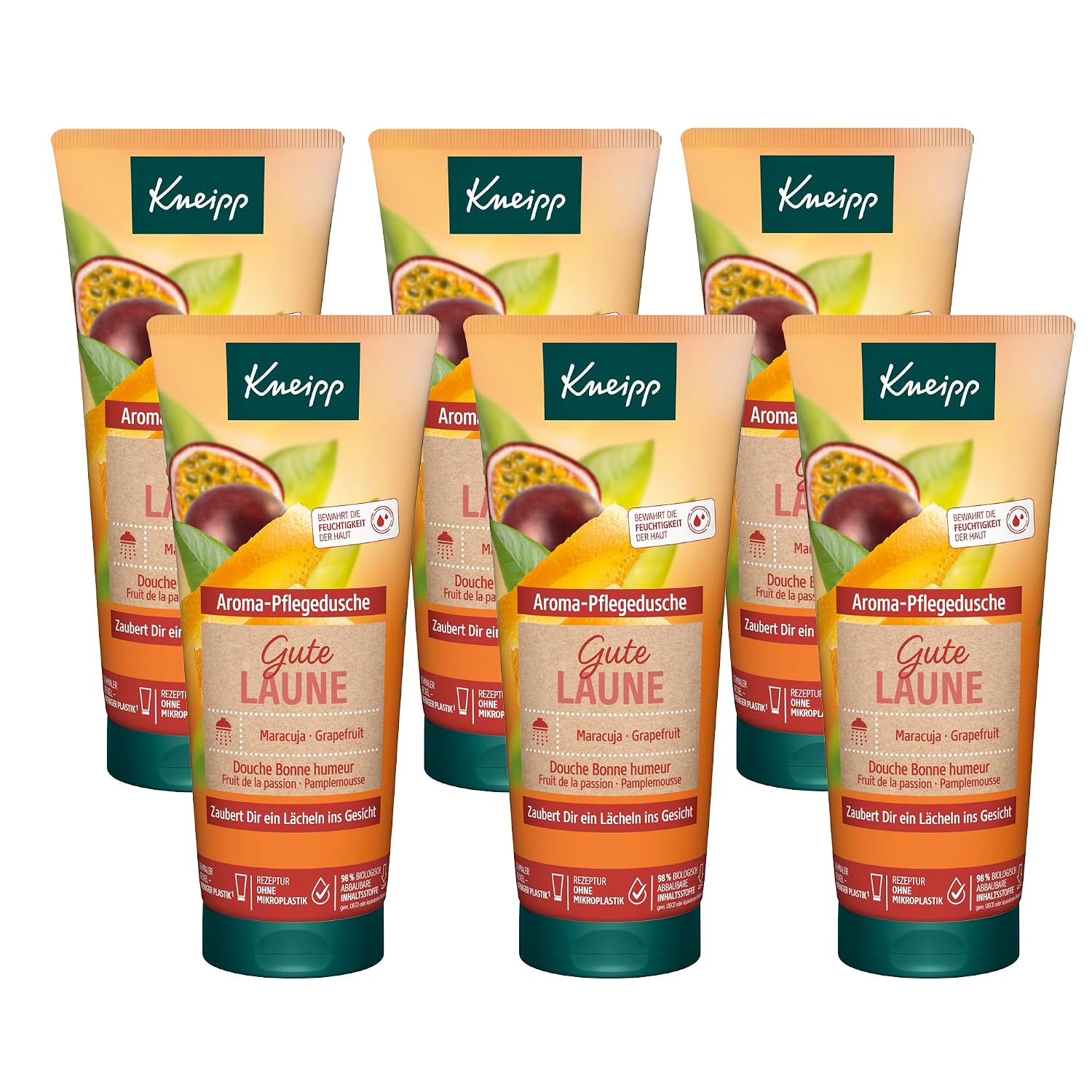 Detalle de Kneipp Aroma-Pflegedusche Gute Laune – 6 x 200 ml mit Maracuja- und Grapefruit-Ölen