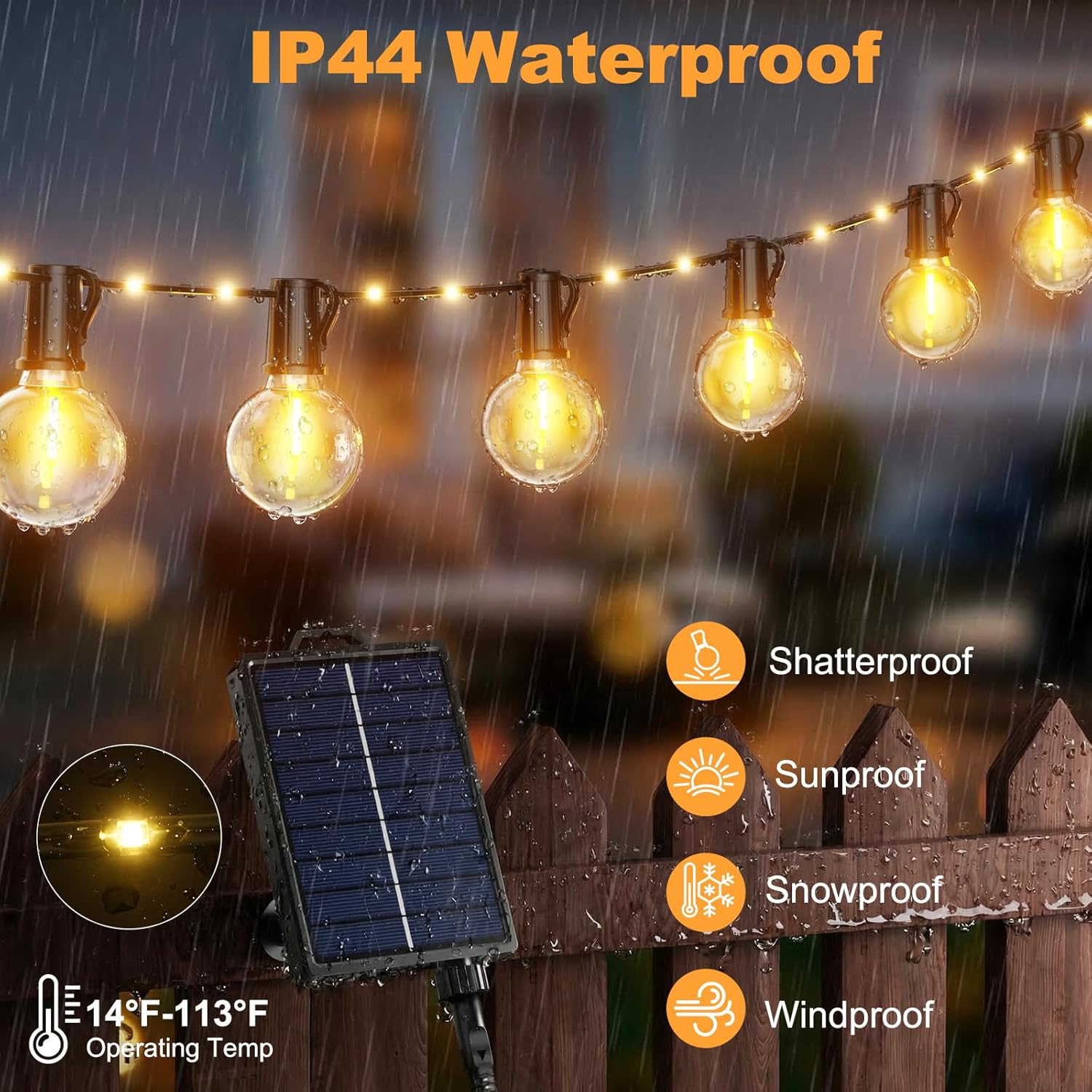 Thumbnail 5 de Solar-Lichterkette Außen FIFlying 12 m – 26 LEDs + 14 Glühbirnen, IP44, USB-Aufladung, 19 Modi