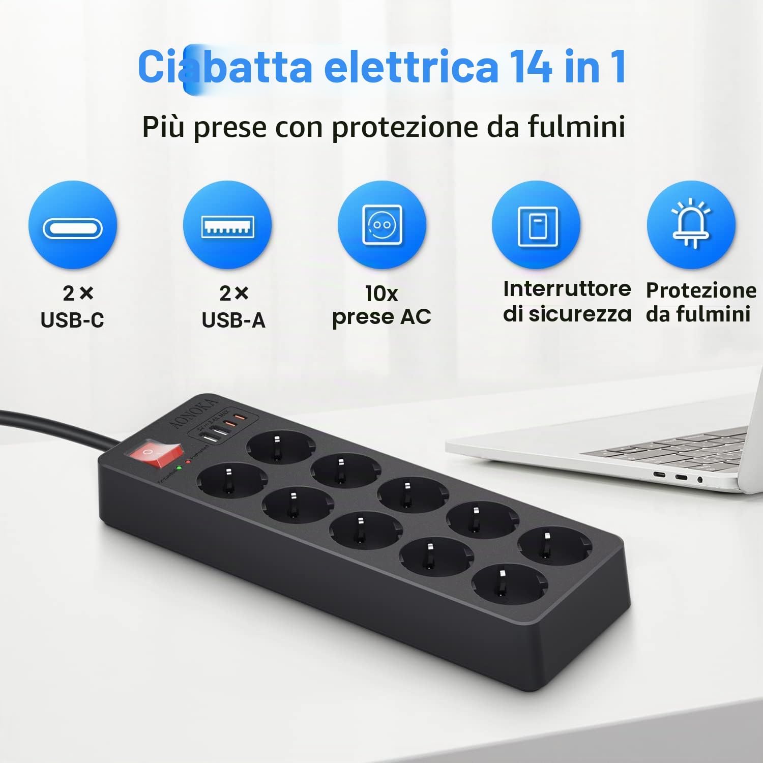 Detalle de Multipresa 10 Posti con USB-C e protezione sovratensione – 1,5 m, Nero