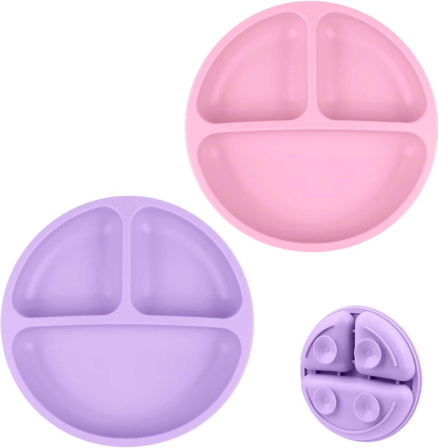 Detalle de Vicloon Piatto per Bambini con Ventosa a 3 Scomparti – 2 Pezzi in Silicone (Viola/Rosa)