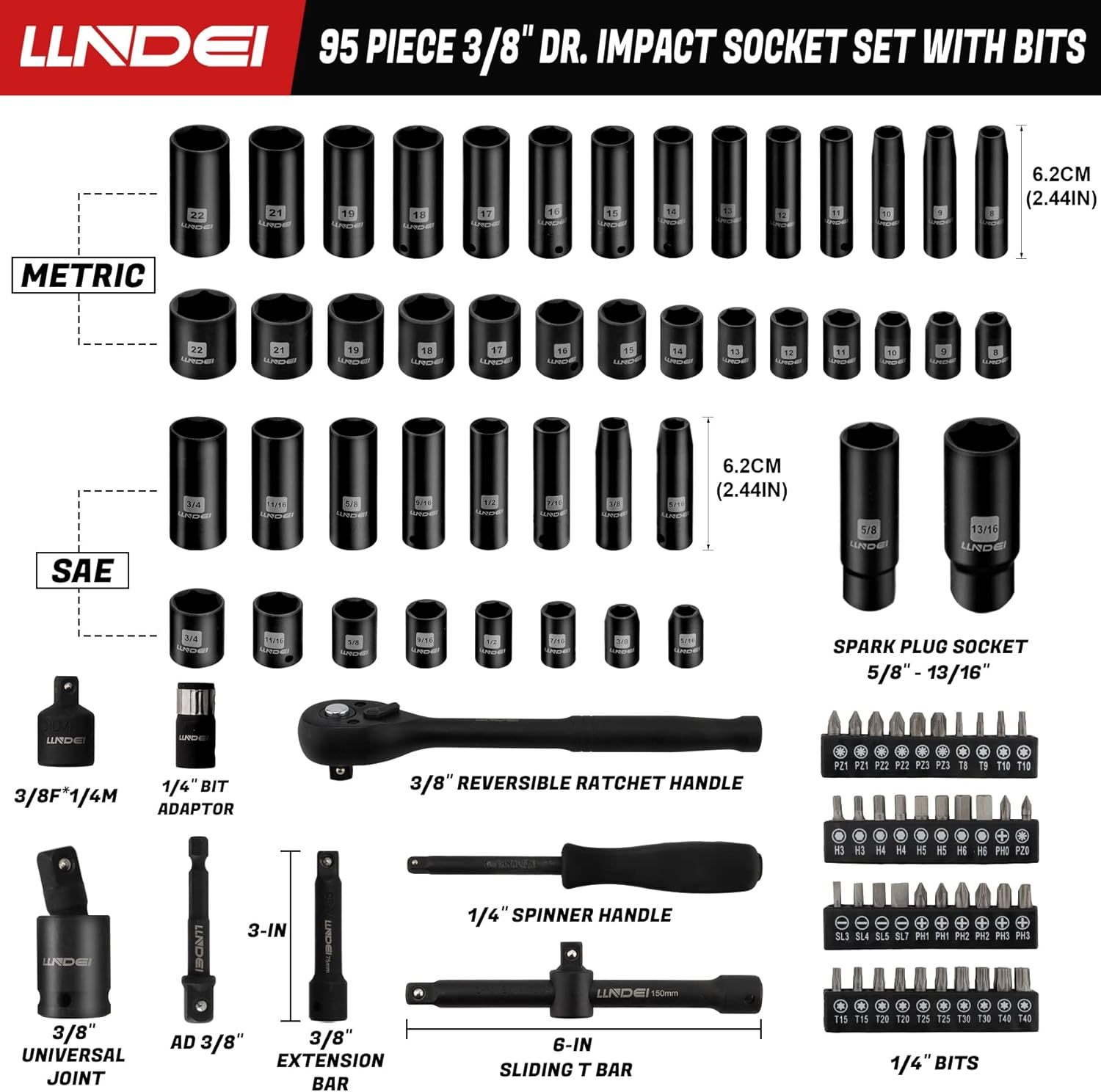 Thumbnail 1 de LLNDEI 3/8" Drive Impact Socket Set (SAE Standard + Metric, 95-Piece, 6-Point, CR-V)