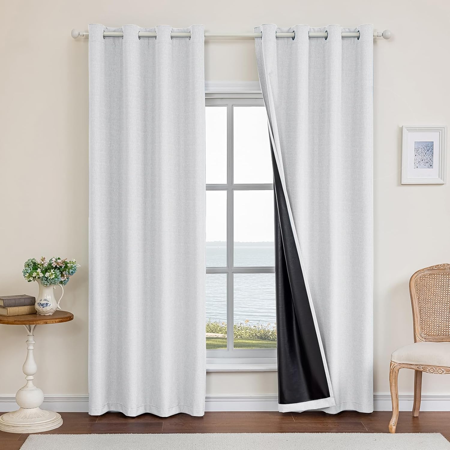Detalle de Ystyle Rideau occultant Lot de 2 – 140x225 cm, effet lin, isolation thermique et anti bruit, blanc ivoire