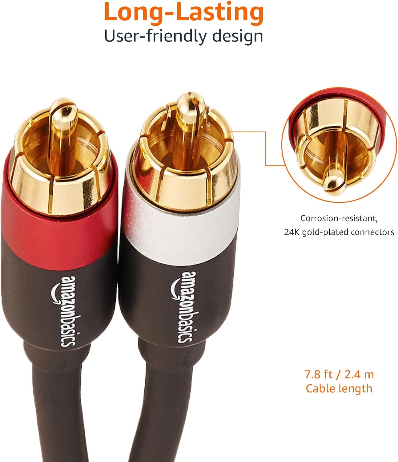 Thumbnail 4 de Amazon Basics 2 RCA audio cable (2.4 m) with gold-plated connectors for amp, active speakers or subwoofer
