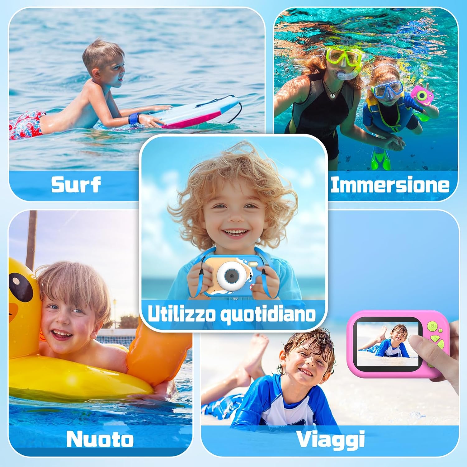 Detalle de CHAKEYAKE: Macchina Fotografica per Bambini 1080P IP67, Zoom 10x e Schermo 2,4'' – Regalo Ideale per Avventure in Piscina e Spiaggia