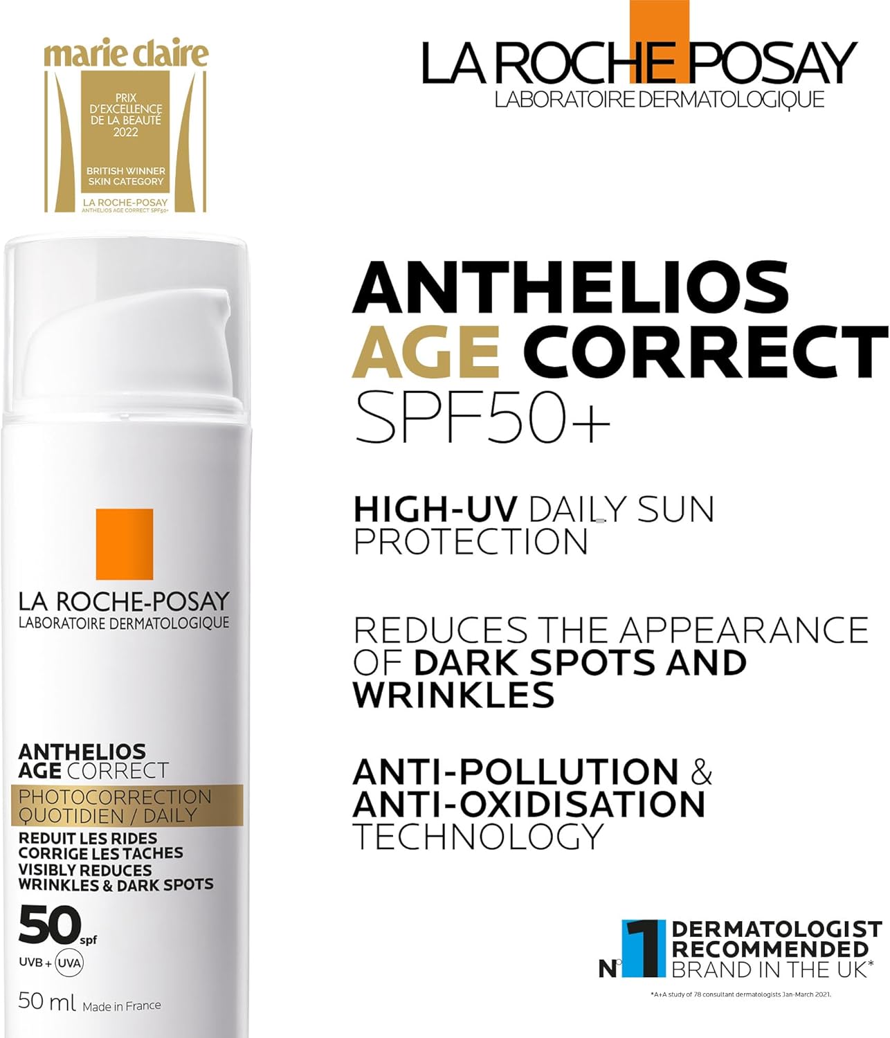 Detalle de La Roche-Posay Anthelios Age Correct SPF50: Daily Anti-Ageing Sunscreen with Hyaluronic Acid & Niacinamide