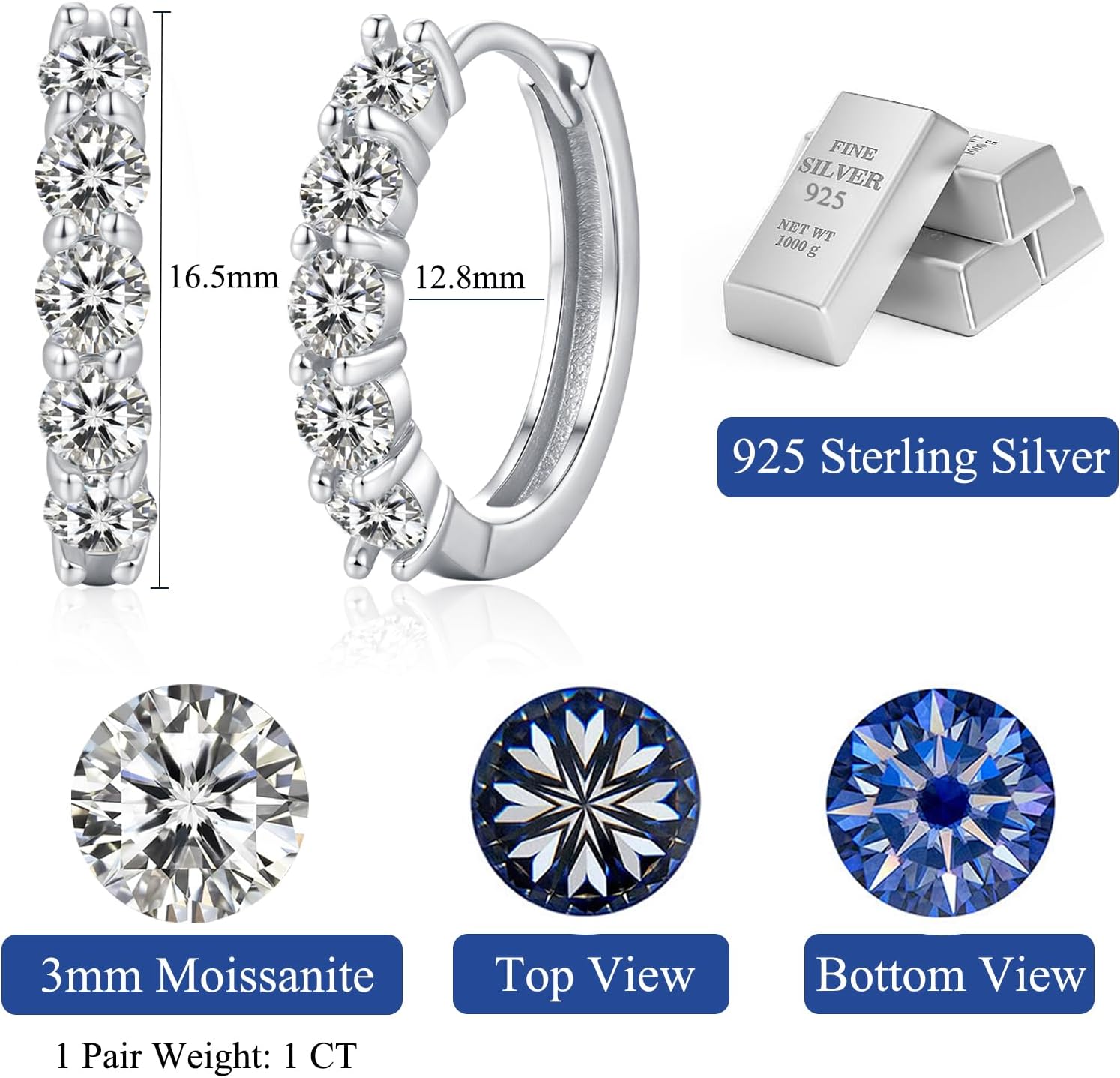 Thumbnail 4 de MISUMOR Moissanite Creolen Ohrringe Silber 925 – Echt Moissanit, 12,8 mm Innendurchmesser