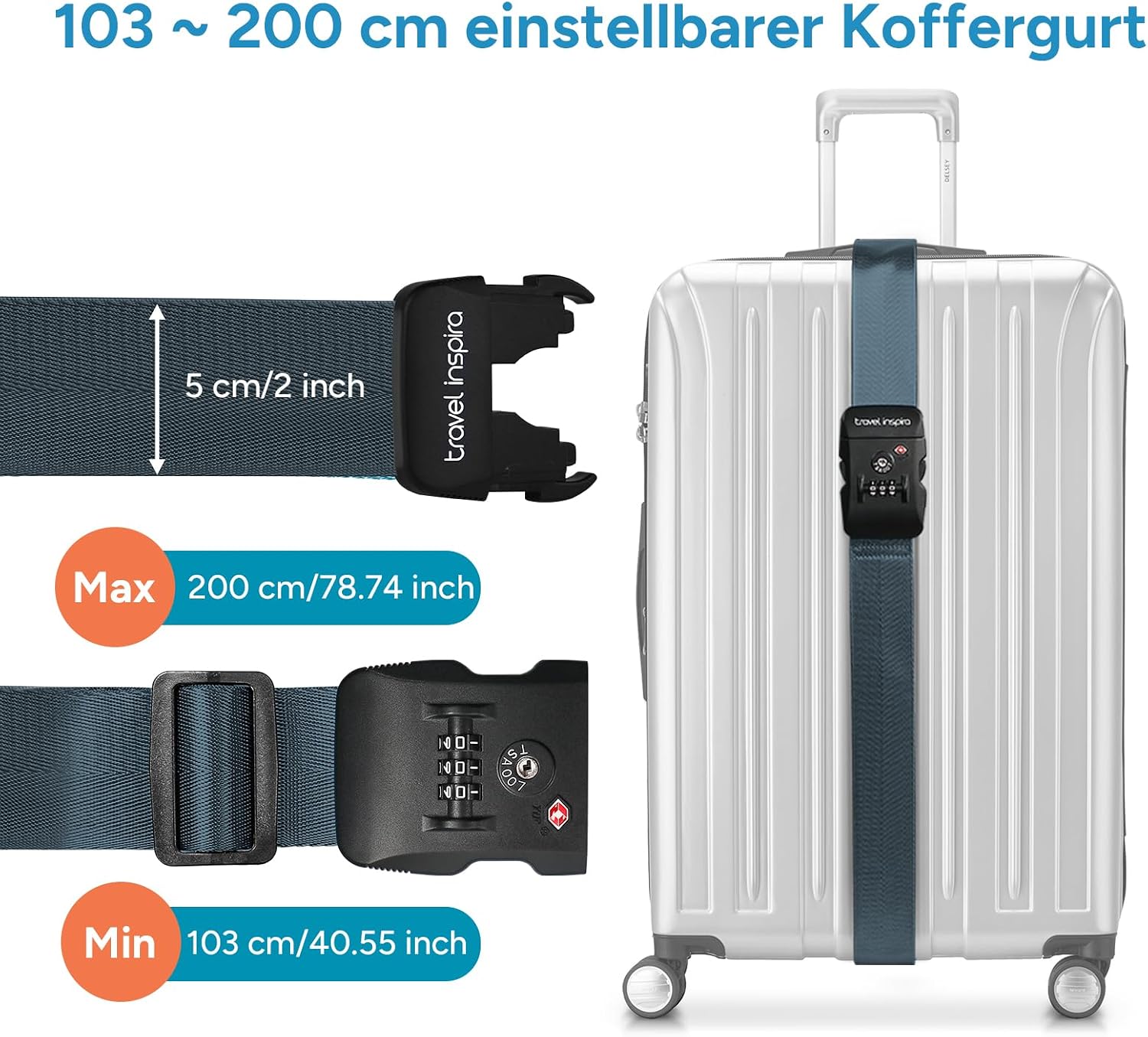 Detalle de travel inspira TSA-Koffergurt mit Zahlenschloss, verstellbar bis 200 cm (für 20–32" Koffer), dunkelblau