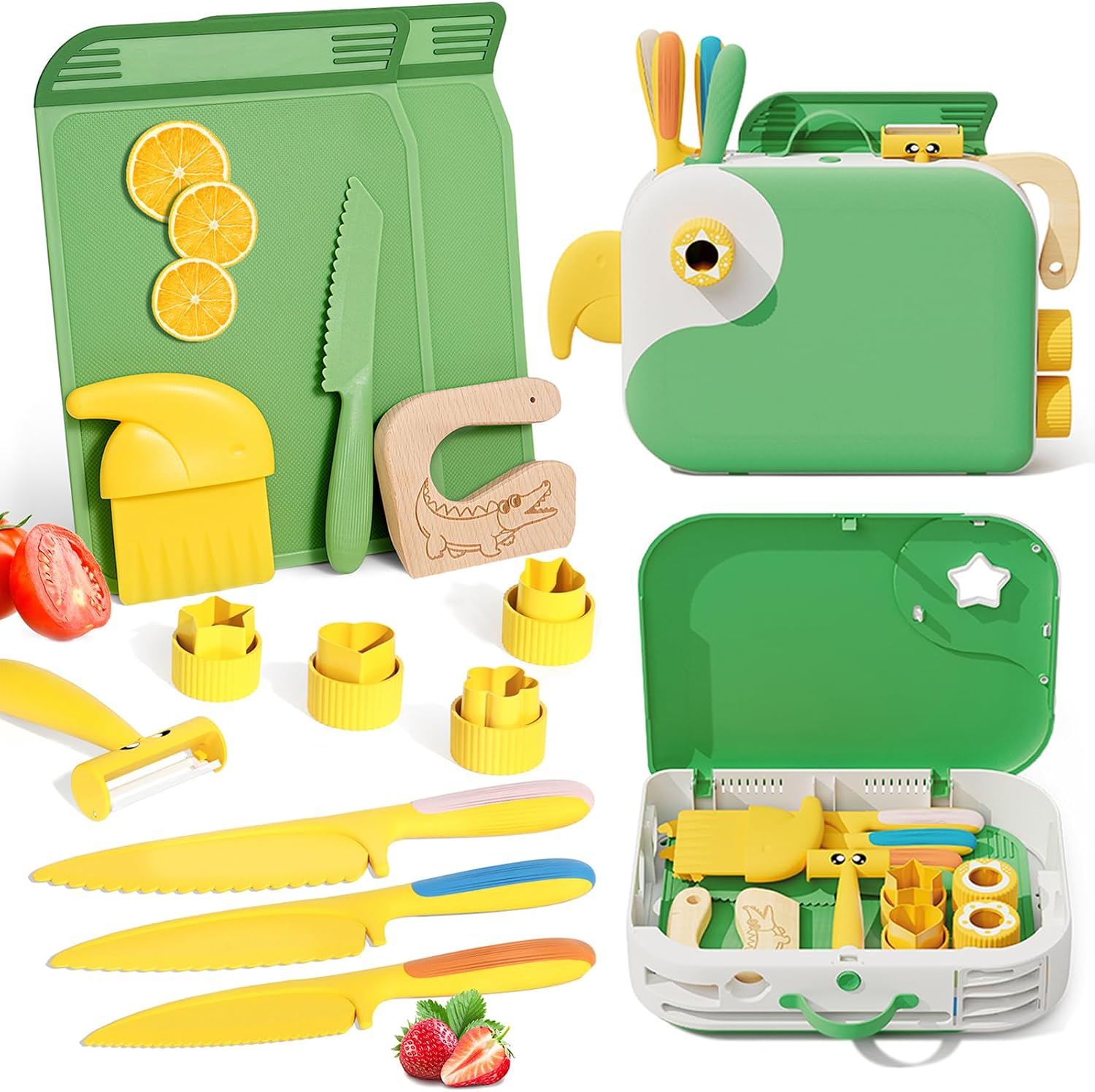 Detalle de Yasterd KC001 Montessori Kitchen Tool Set for Toddlers, Green, with Safety Knives
