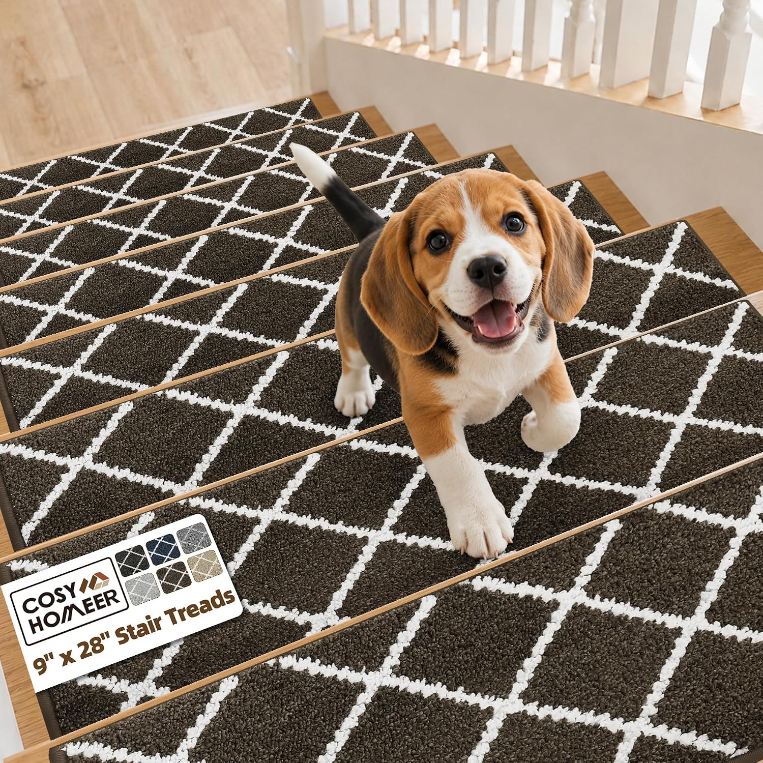 Detalle de COSY HOMEER Plaid Stair Treads, 15-Piece Washable Set, 9" x 28", Brown