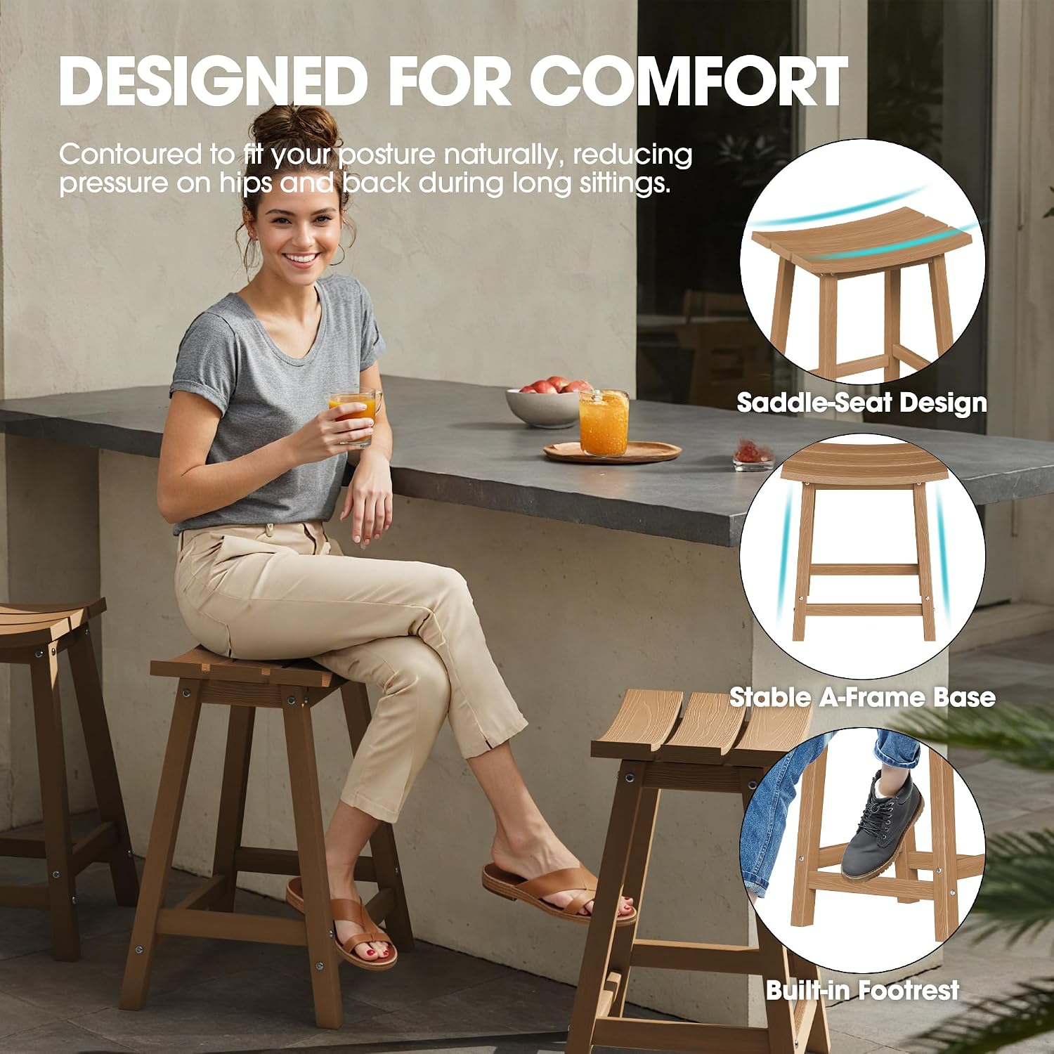 Detalle de Ciokea stools6 Outdoor Bar Stools, Set of 4, 24-Inch HDPE Teak