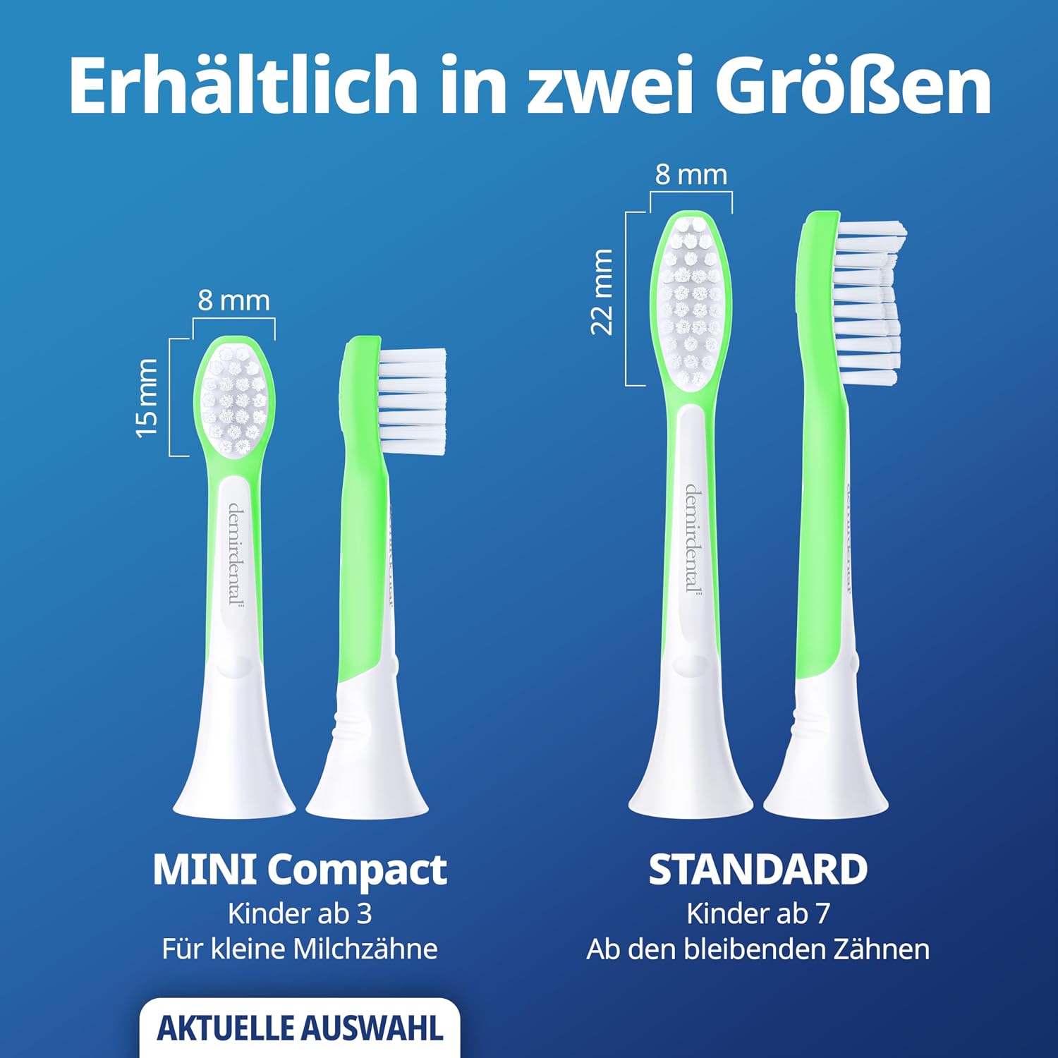 Detalle de demirdental Ersatzbürsten Kids (HX6034/HX6038 kompatibel) – extra weich, für 3–6 Jahre, 8er Set in Grün