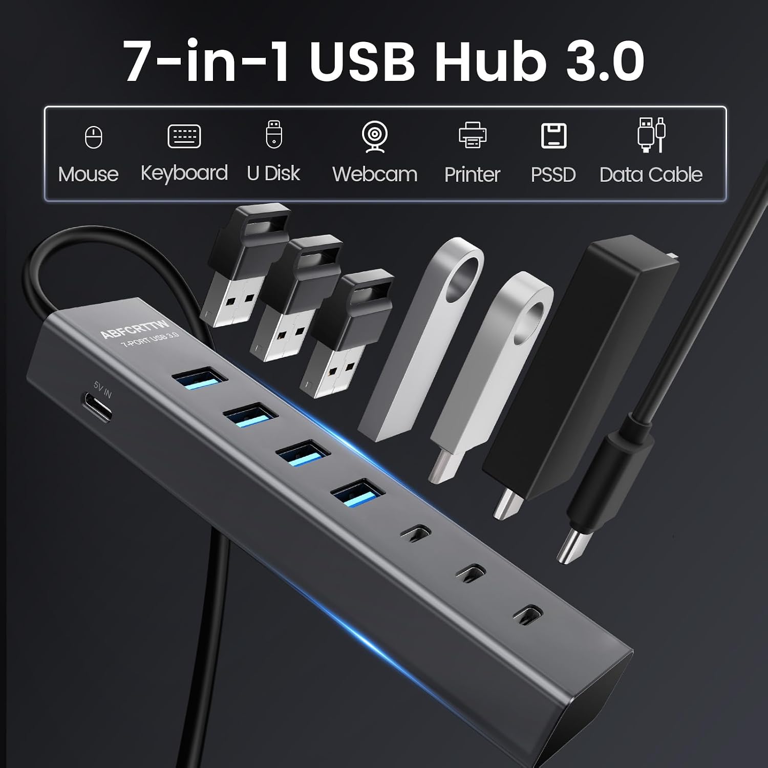 Detalle de ABFCRTTW USB-C to 7-Port USB Hub Multiport Adapter (Aluminium) with 5Gbps data