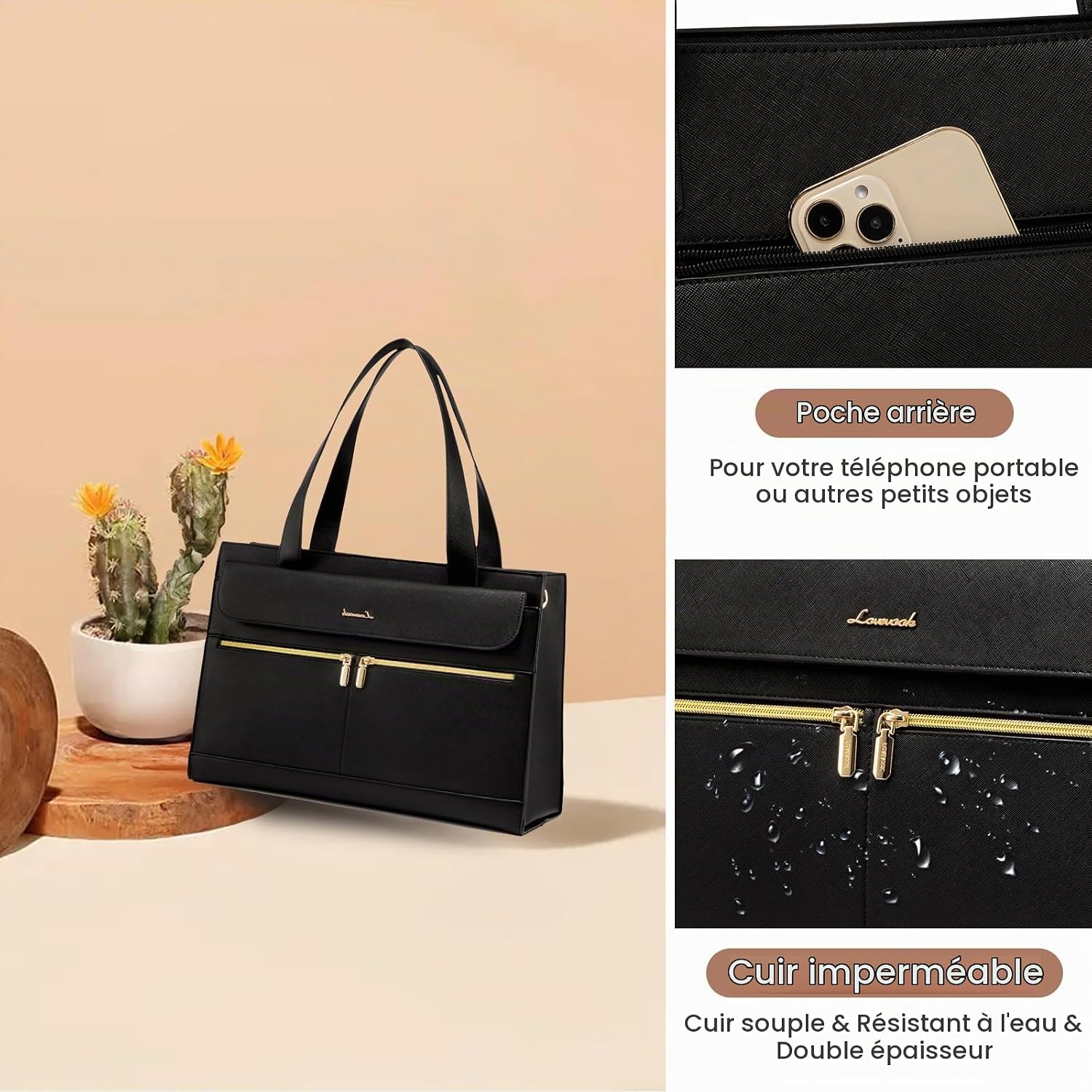 Detalle de LOVEVOOK laptoptas voor dames 15,6 inch van kunstleer, waterbestendig