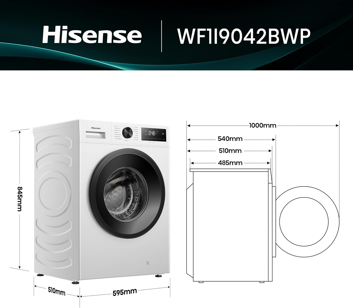 Detalle de Hisense WF1I9042BWP Waschmaschine mit Dampffunktion – 9 kg, 1400 U/min, 15 Programme