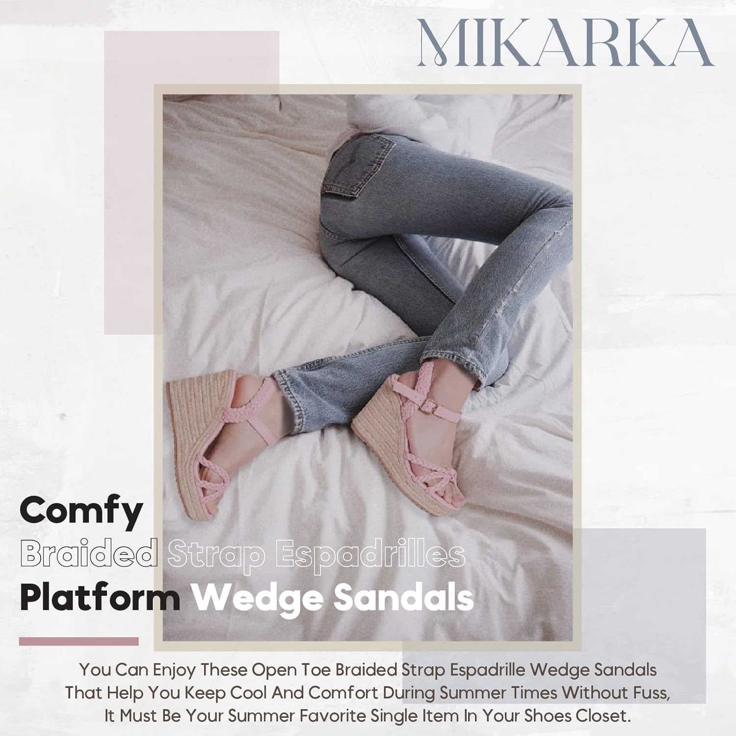 Thumbnail 3 de Mikarka Espadrille Wedge Sandals for Women – Braided Knot Ankle Strap, Open Toe
