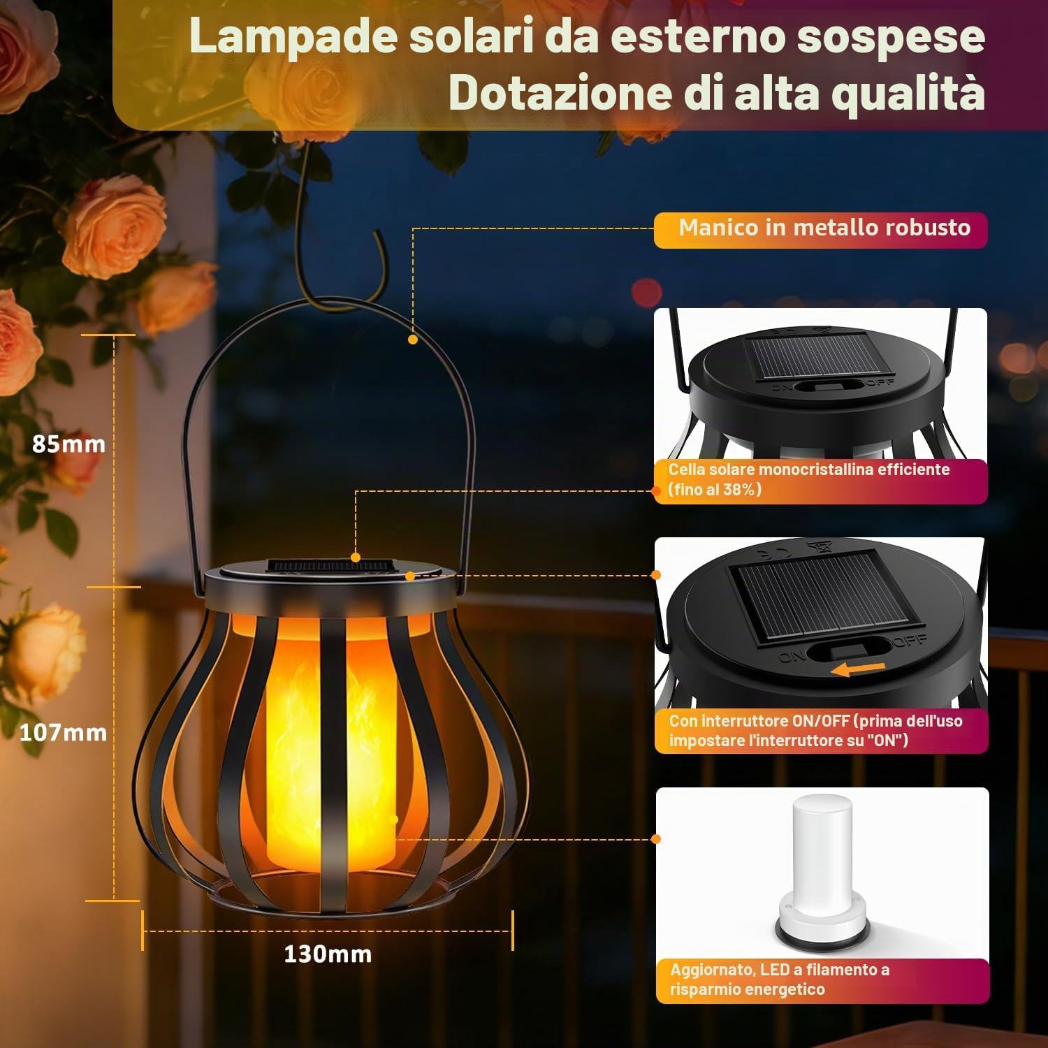 Detalle de 2 lanterne solari con effetto fiamma reale per esterni IP65 – senza gancio e base