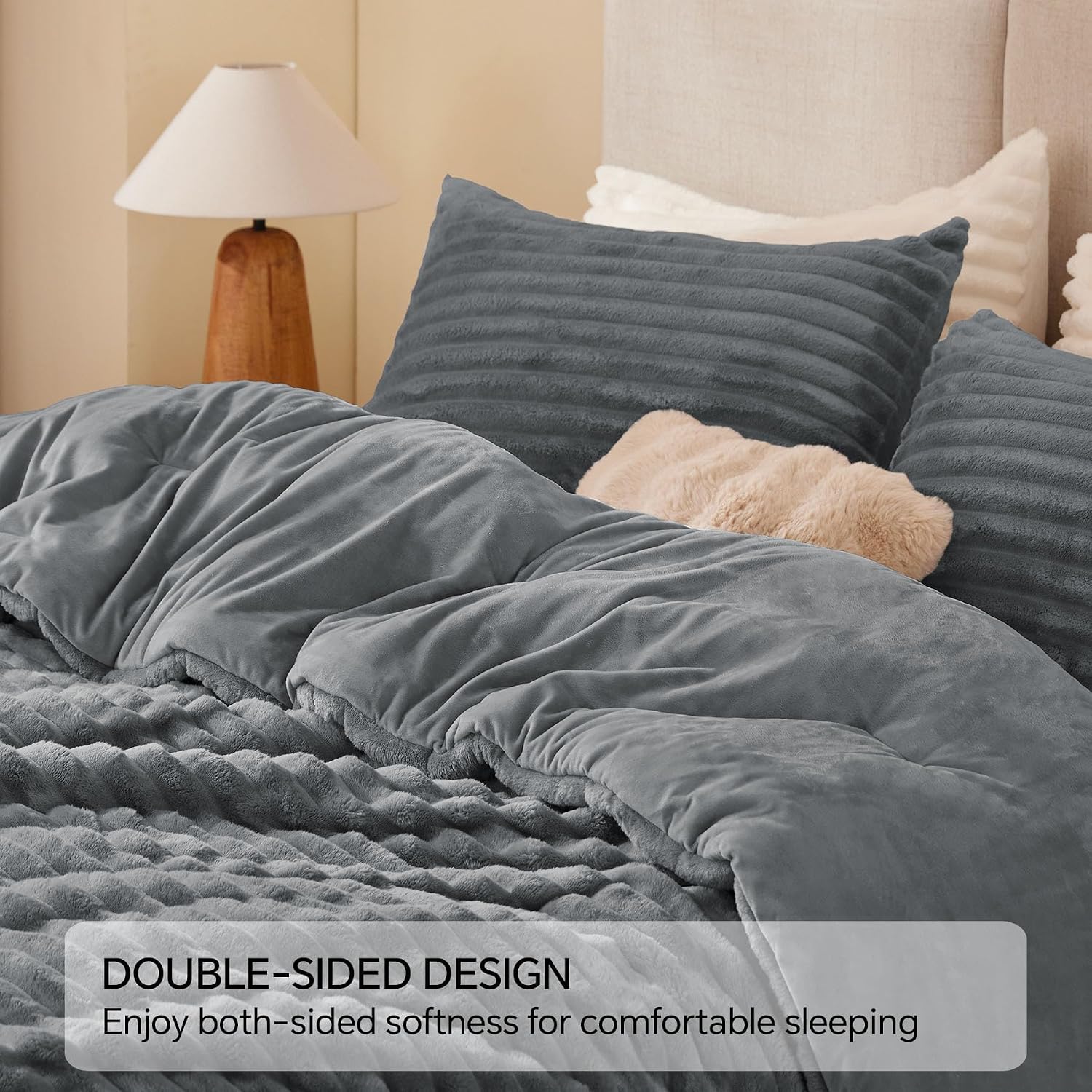 Thumbnail 4 de BEDELITE Full Fleece Comforter Set, Gray Polyester with Striped Plush Texture