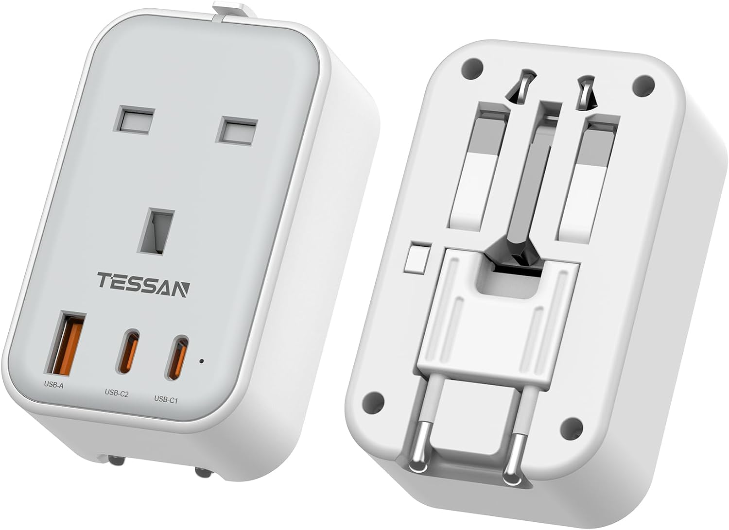 Detalle de TESSAN UK to Universal Travel Adapter 20W (Type C/G/A/I) with 2 USB‑C + 1 USB‑A