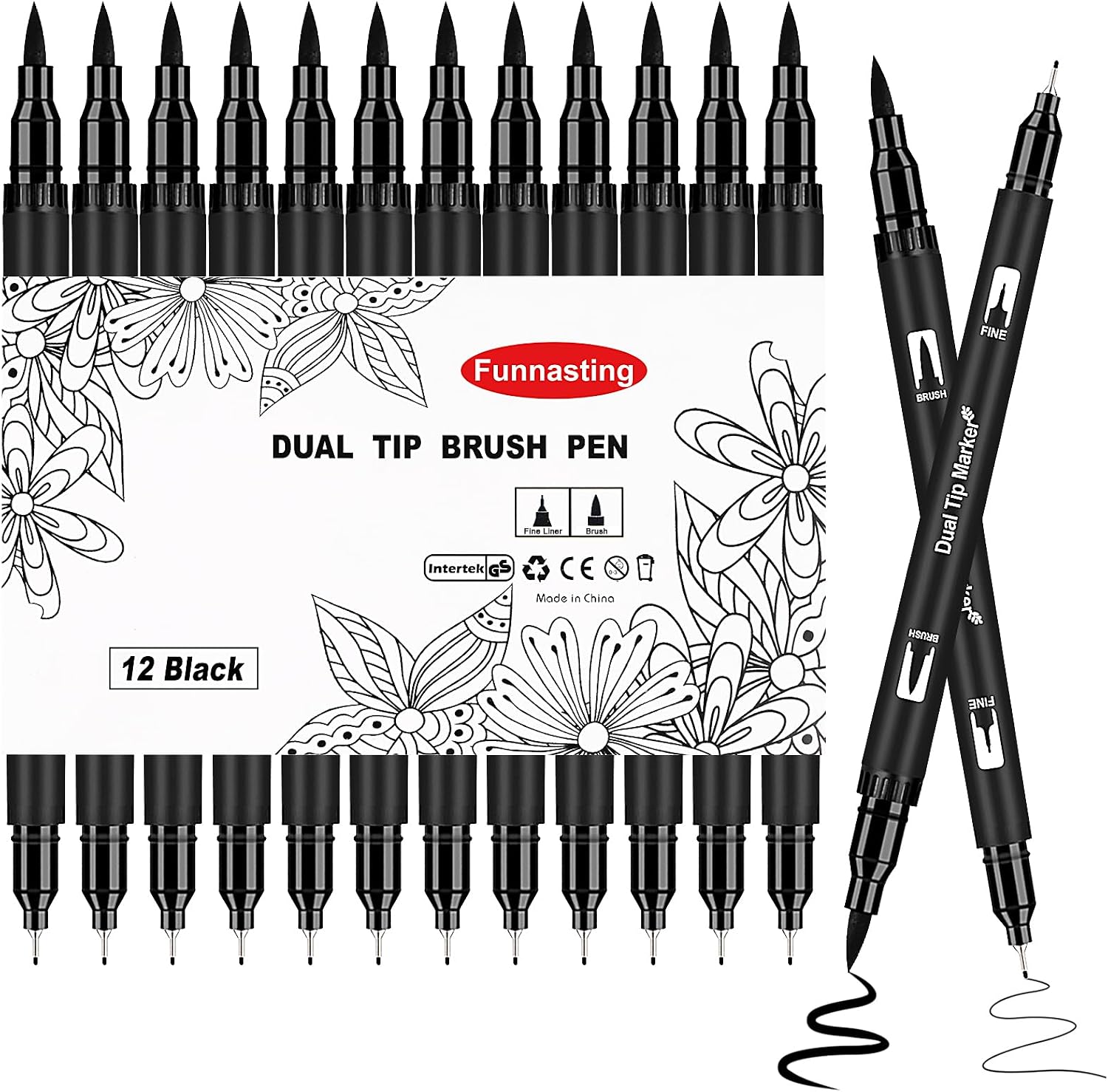 Detalle de Funnasting dual tip felt tip pens (12-pack) – black fineliner and brush tip colouring markers