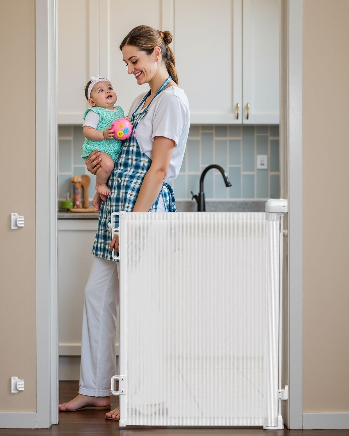 Detalle de Retractable Stair Gate for Baby with Double Lock, 140 cm Wide, One-Handed Operation