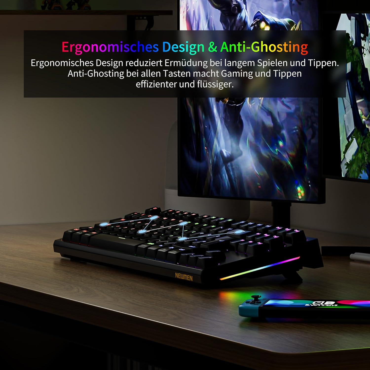Thumbnail 6 de Newmen GM870 TKL Gaming-Tastatur (75%) mit Hot-Swap, kabelgebunden, RGB, Anti-Ghosting – deutsches QWERTZ, rote Switches