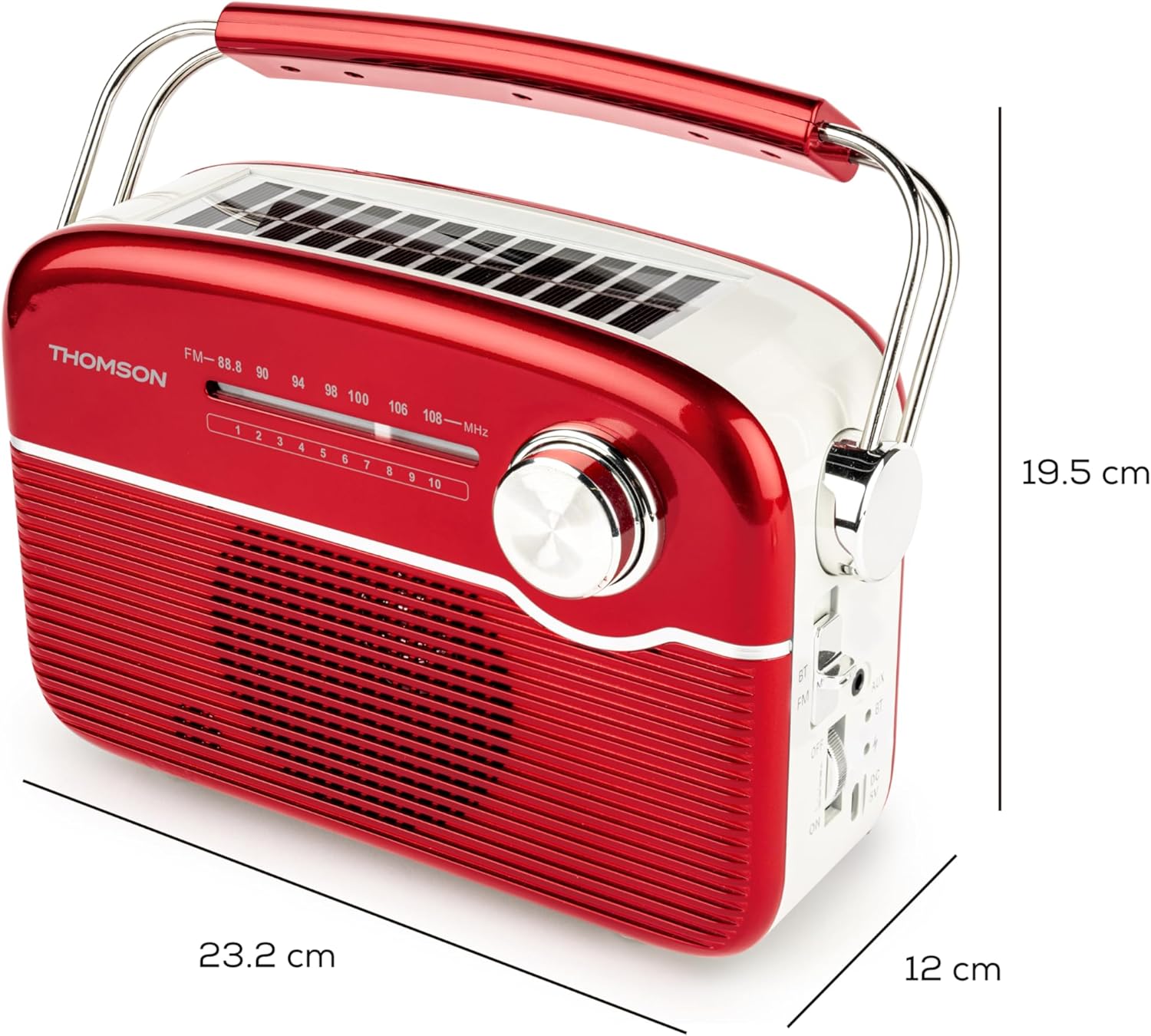 Detalle 2 de Radio FM Thomson rechargeable Bluetooth 5.4 avec antenne rétractable et entrée auxiliaire 3,5 mm (rouge)