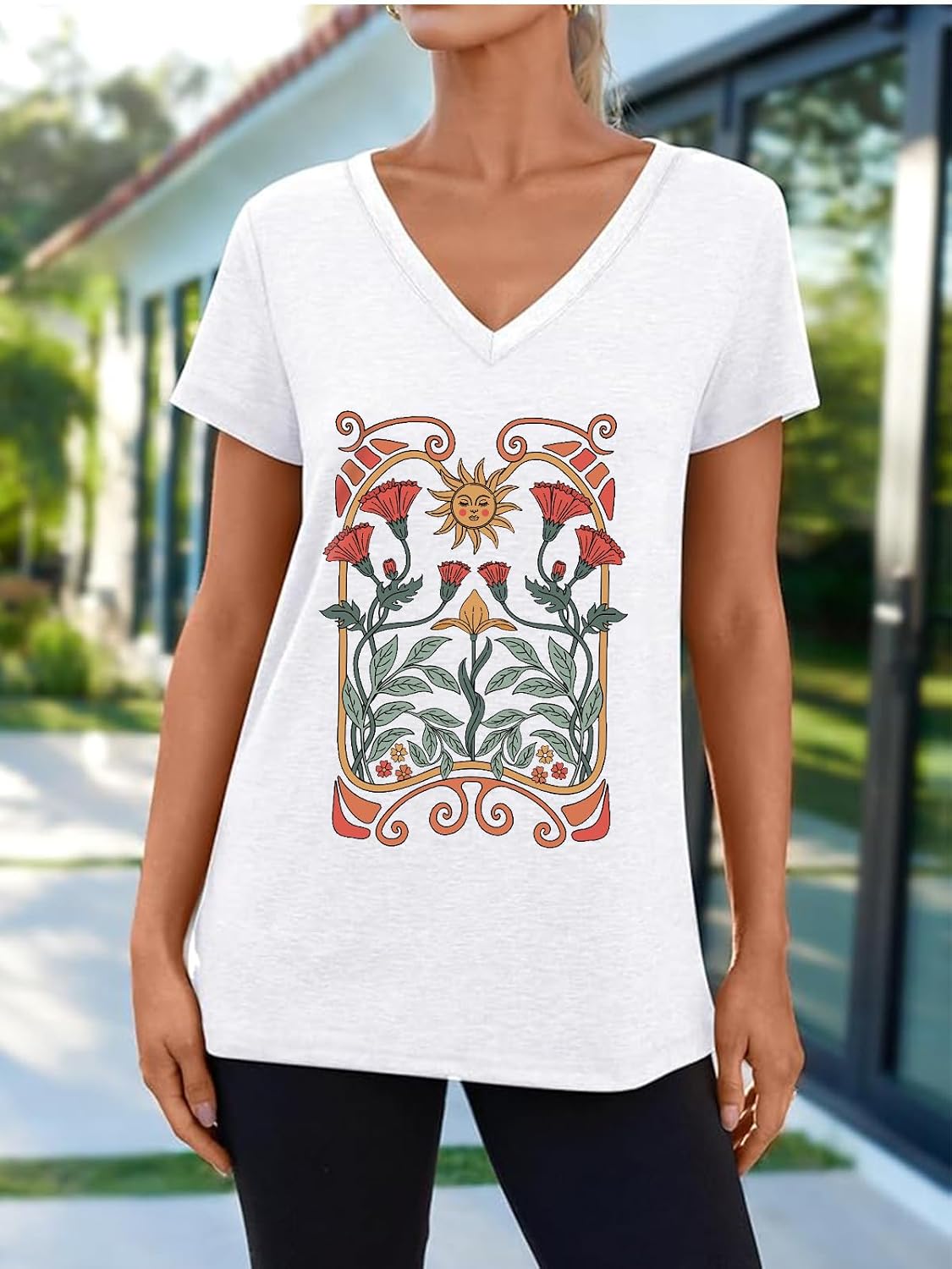 Detalle de Cuptacc Damen T-Shirt Sommer Basic V-Ausschnitt Kurzarm – casual, elastisch & pflegeleicht