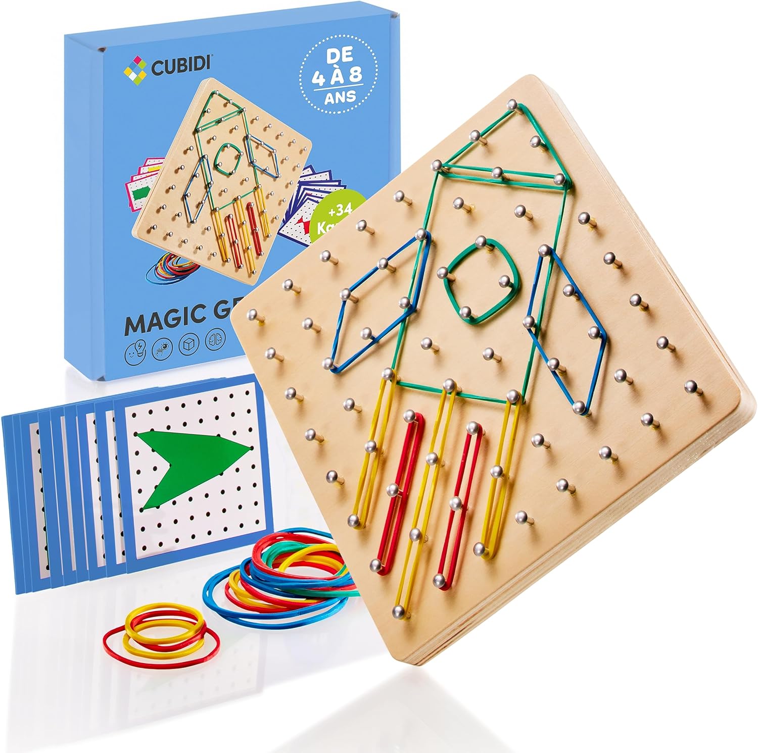 Detalle de CUBIDI Géoboard en Bois 8x8 avec 34 Cartes – Jeu Montessori sans écran