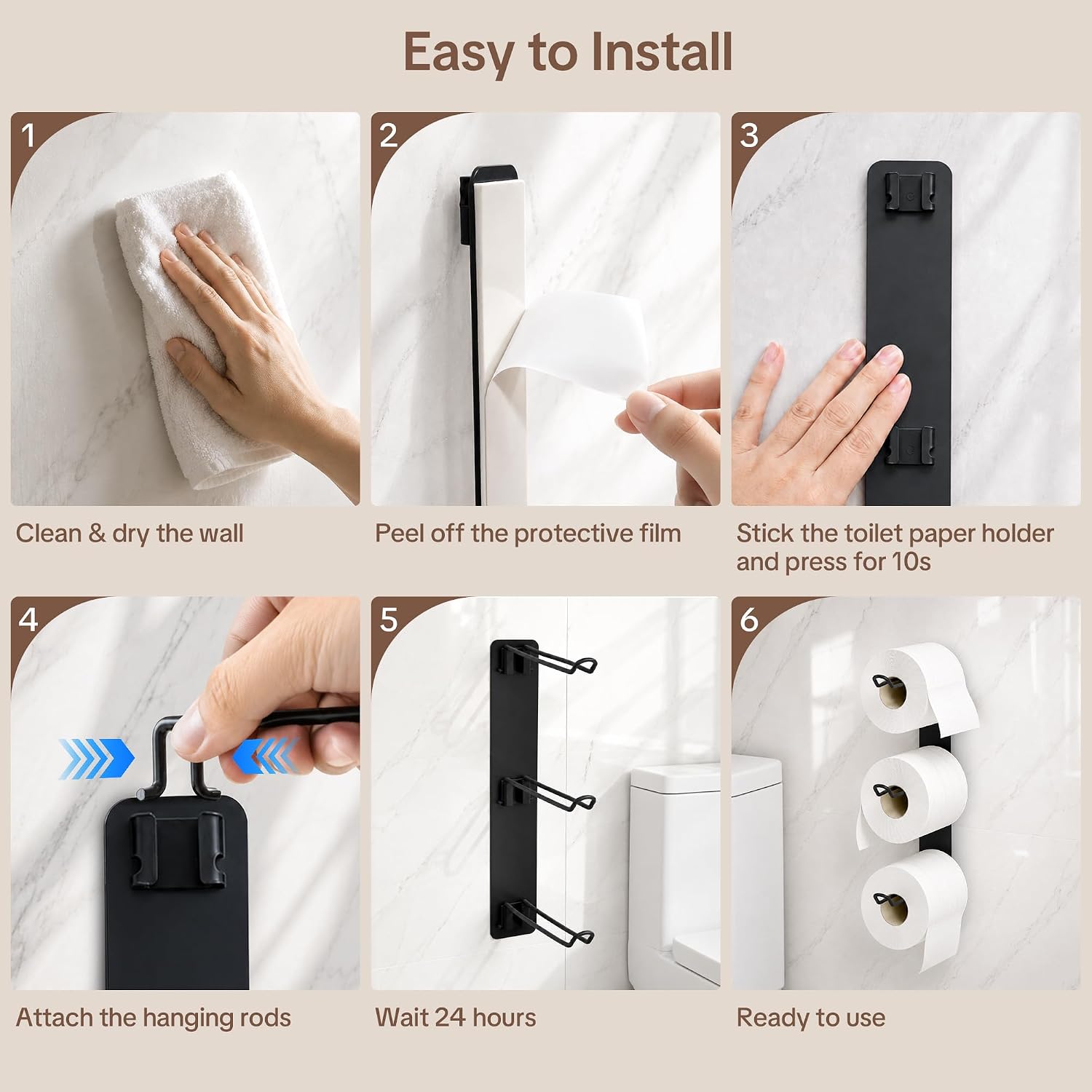 Thumbnail 5 de Cubbiesavor Wall-Mounted 3-Roll Toilet Roll Holder with Self-Adhesive Mounting (Matte Black)