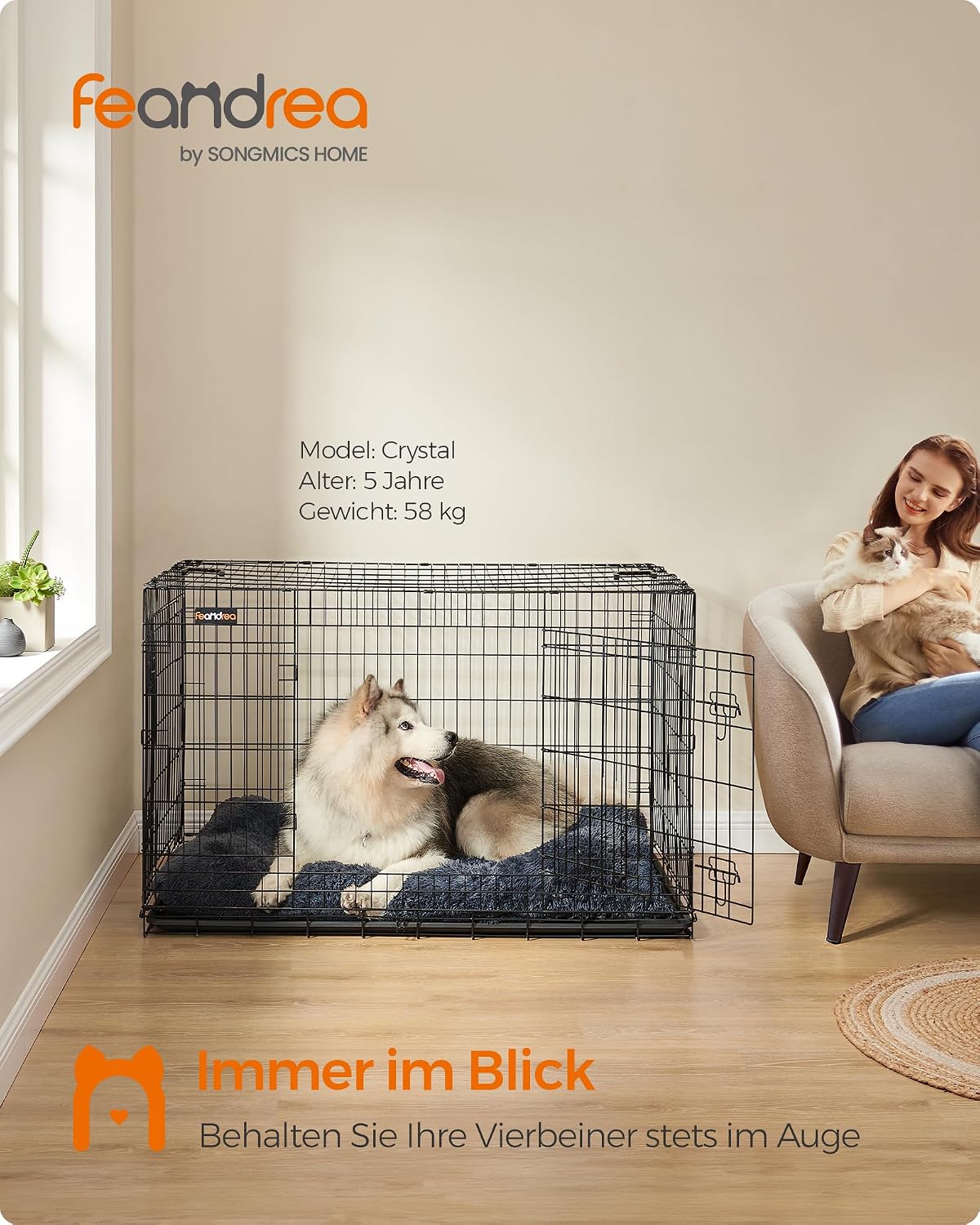 Detalle de Feandrea Hundekäfig klappbar mit 2 Türen, 136 x 79 x 87 cm – XXXL, schwarz