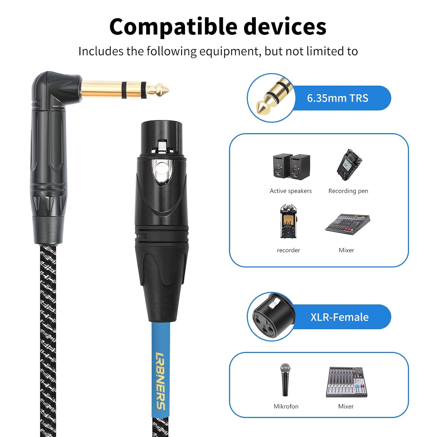 Detalle de Lrbners TC161GYX002-15 5FT Right-Angle TRS-to-XLR Cable, Braided Shield