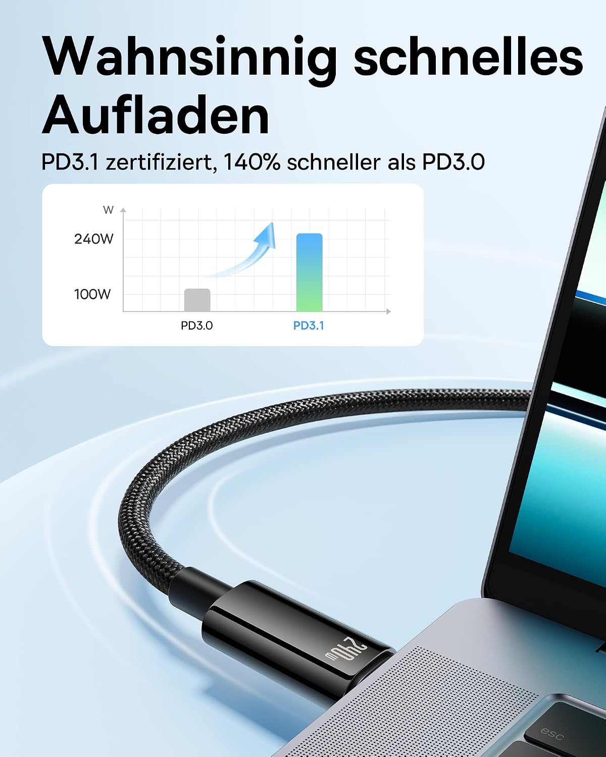 Detalle de Baseus USB‑C auf USB‑C Kabel 240W (1 m) mit PD 5A & QC 4.0 Schnellladung