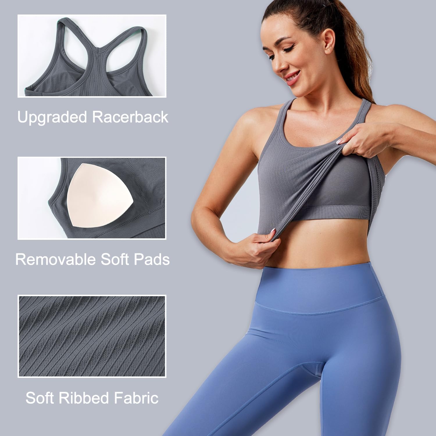 Detalle de Evercute Women's Ribbed Workout Tank Tops | Built-in Bra Racerback Crop Tanks (1/2/3 Pack)