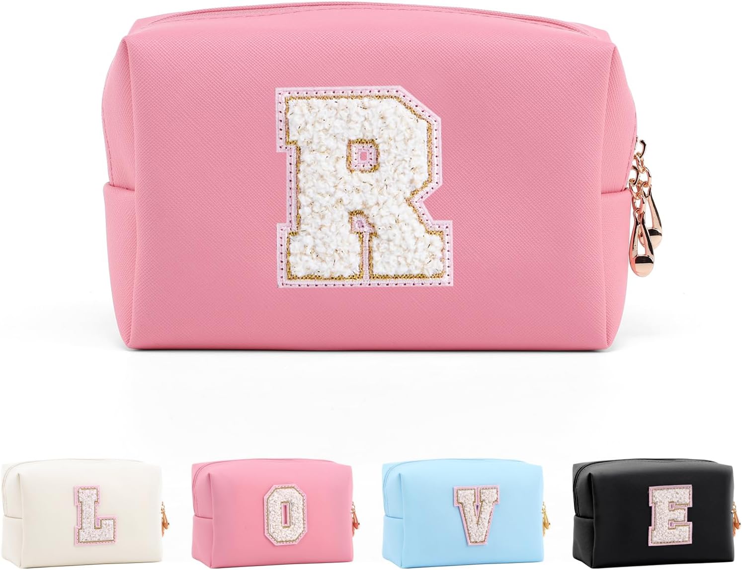 Thumbnail 6 de Anntry Small Personalised Initial Letter Makeup Bag – Pink PU Leather with Gold Chenille Patch