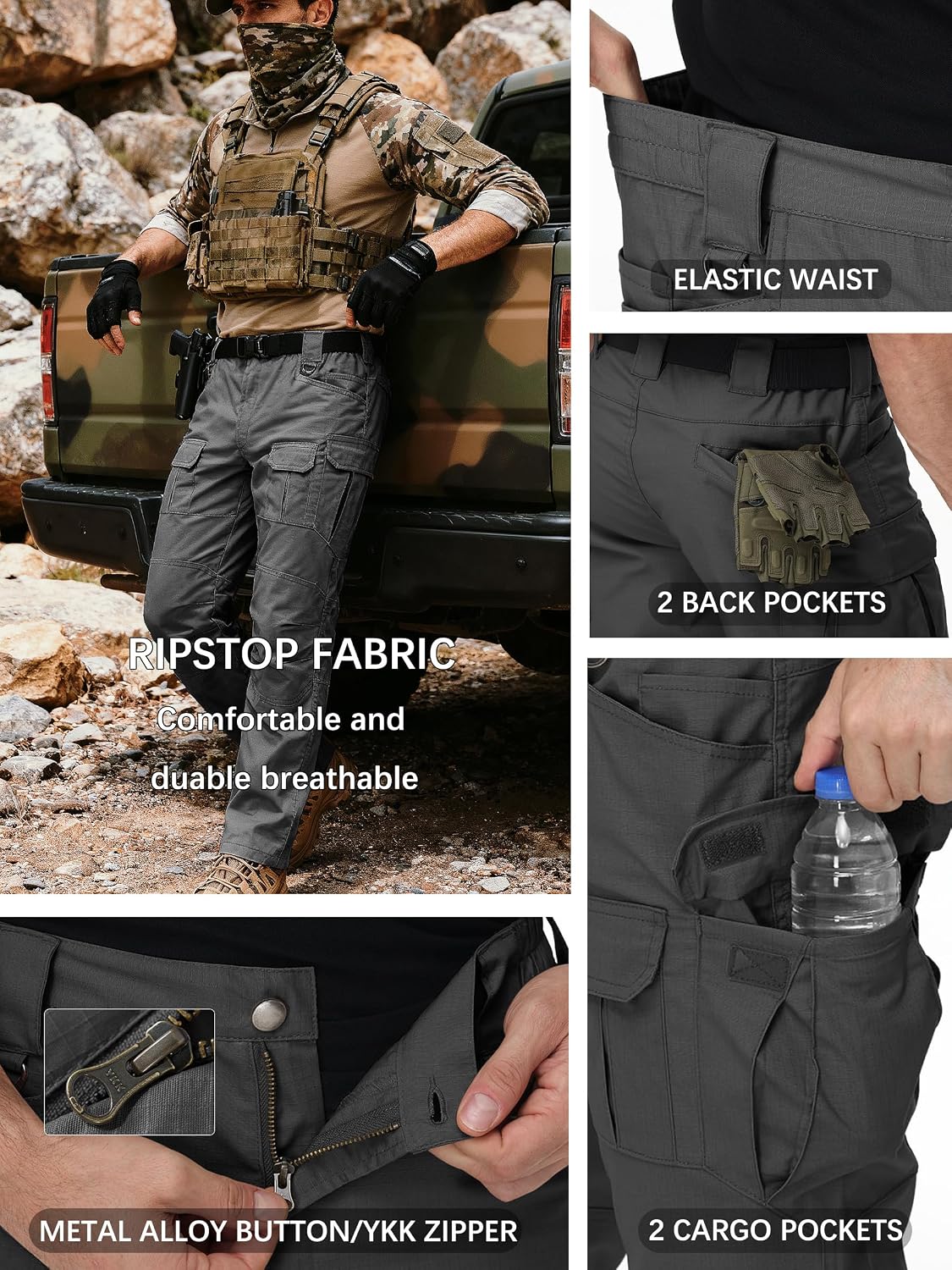 Detalle de Men's Tactical Pants Water Resistant Stretch Cargo Ripstop Pants for Outdoor Work and Hiking