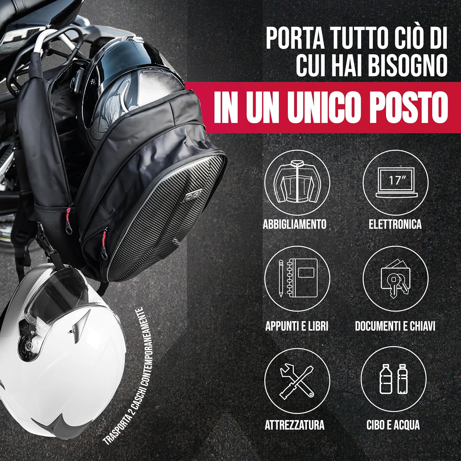 Detalle de OG Original GetAway Zaino moto impermeabile 35–45 L, grande capacità espandibile e casco portatile