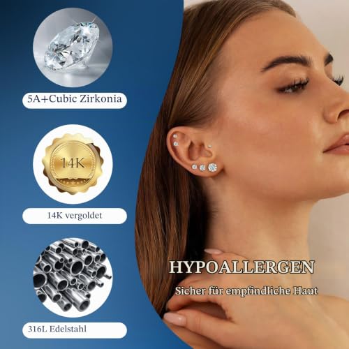 Detalle de Sweetkiki 6 Paar Zirkonia Ohrstecker Gold Set – 316L Chirurgenstahl, nickelfrei, hypoallergen