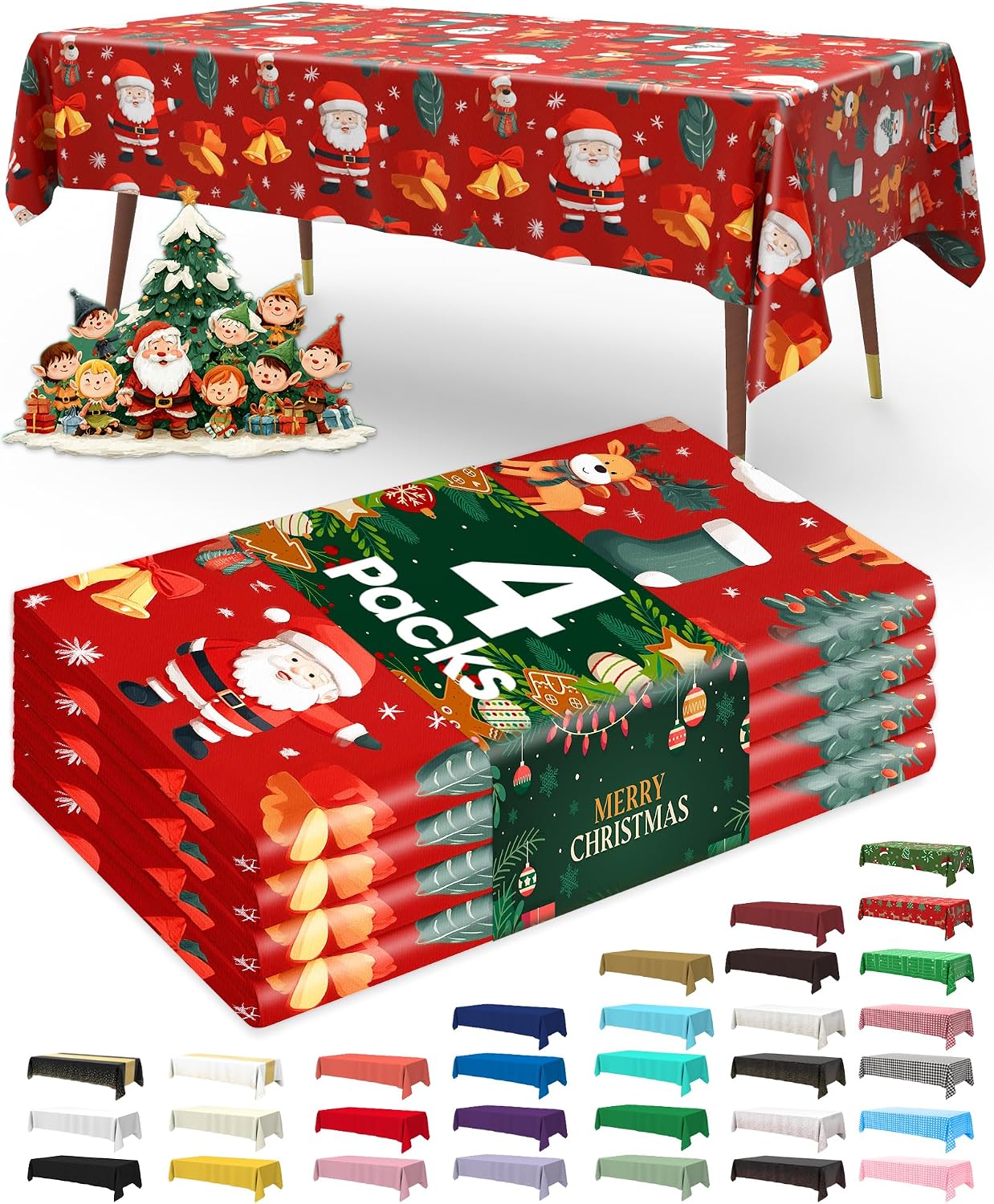 Detalle de Pureegg Christmas Plastic Tablecloths, 54 x 108 in, 4-Pack, Waterproof