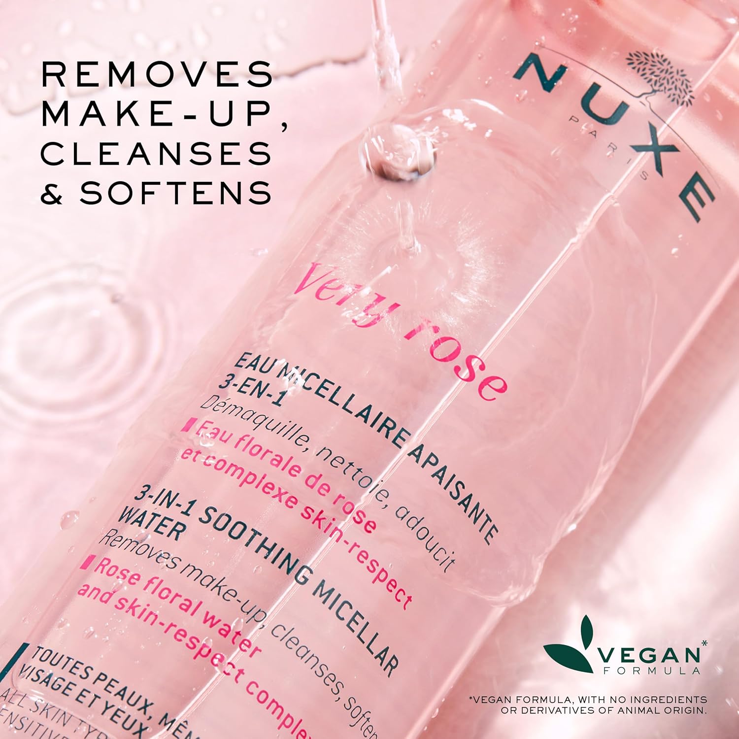 Detalle de Nuxe Very Rose 3-in-1 Micellar Cleansing Water: a gentle, everyday cleanser for face and eyes