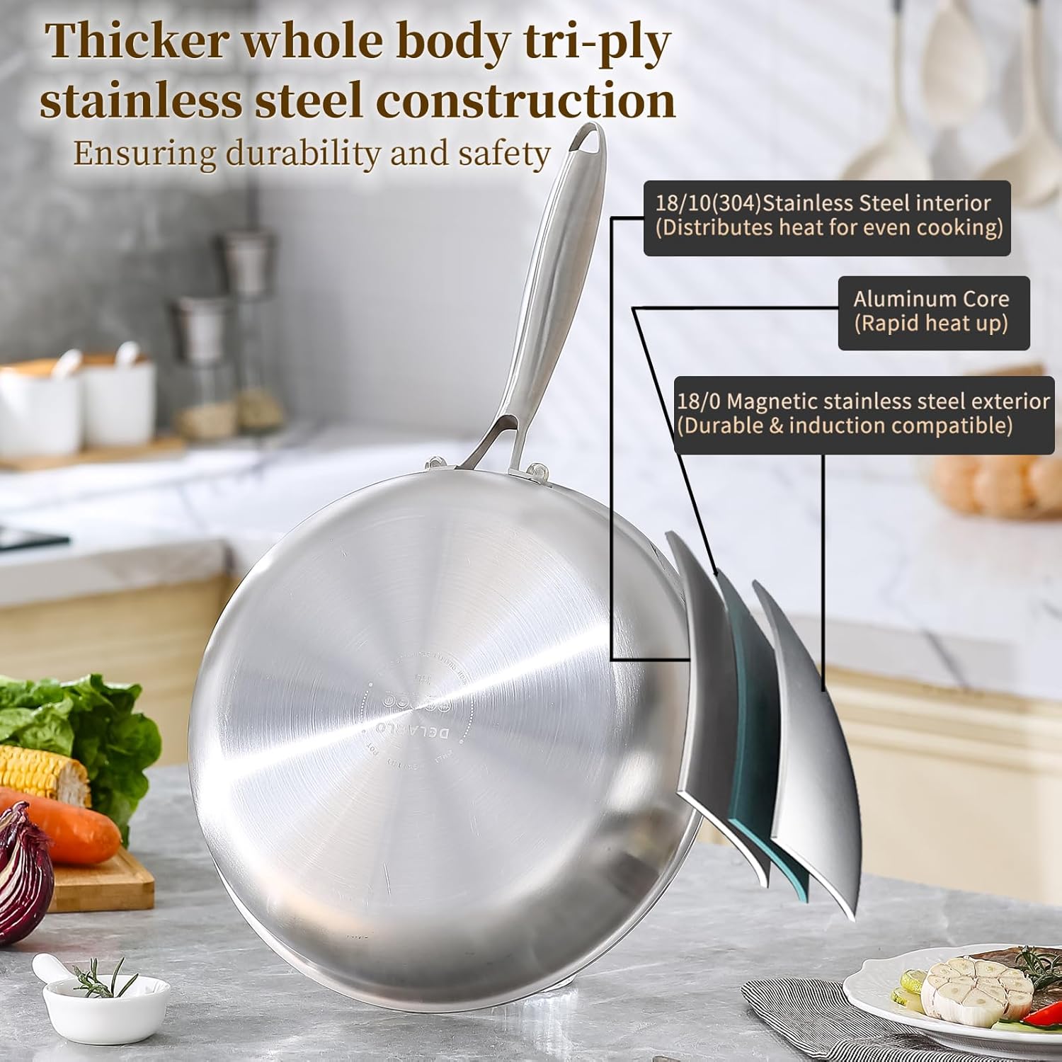 Detalle 2 de DELARLO Kitchen Whole Body Tri-Ply 12-inch Frying Pan