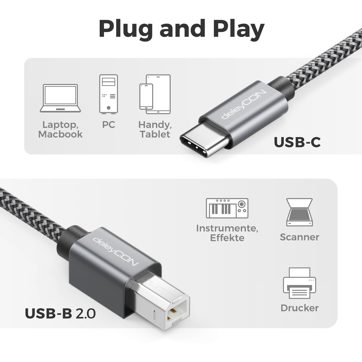 Detalle de deleyCON USB-C zu USB-B 2.0 Druckerkabel 1,5 m – Kabel für Drucker, Scanner und Multifunktionsgeräte