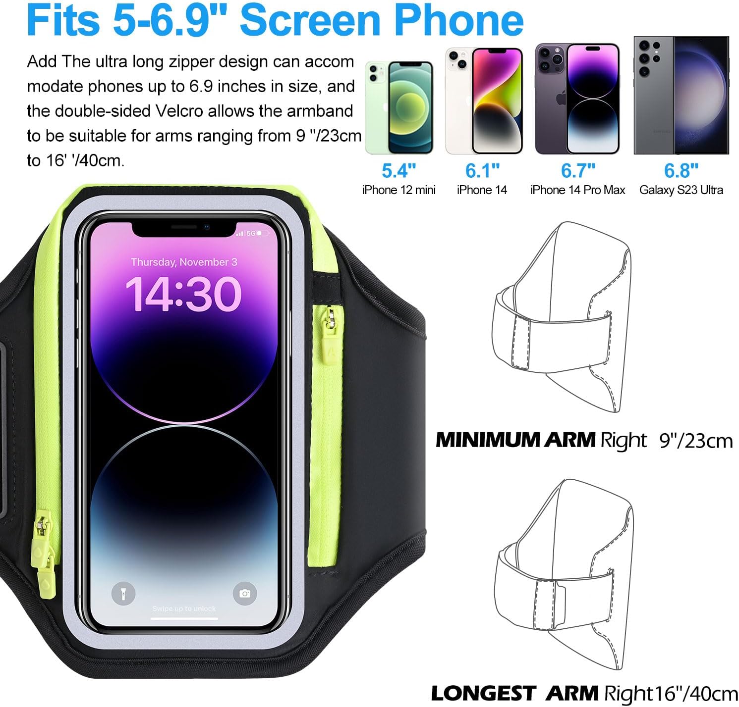 Thumbnail 3 de Razobws Running Phone Holder with Foldable Elastic Strap and Zipper Armband Key Bag (Black) – fits up to 6.9" phones